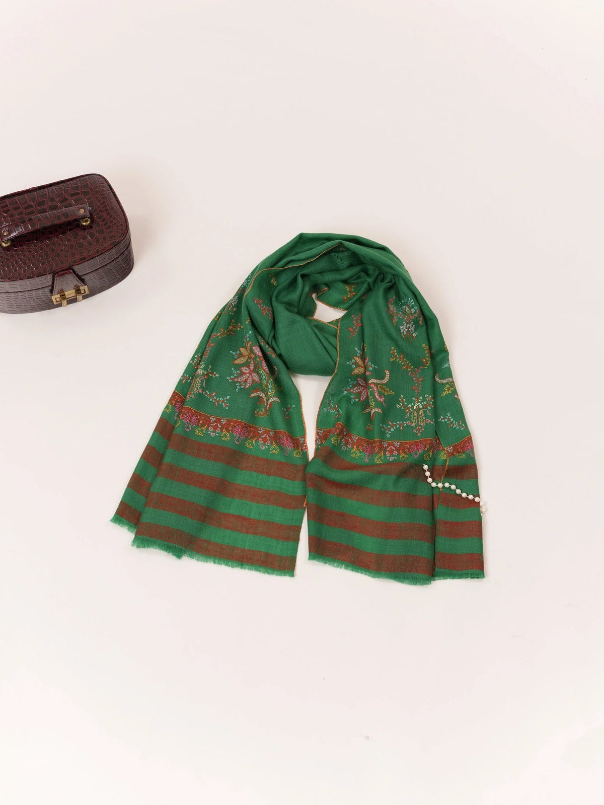 Emerald Green Palldar Soft Cashmere Scarf Featuring Hand Sozni Embroidery Shahkaar.com
