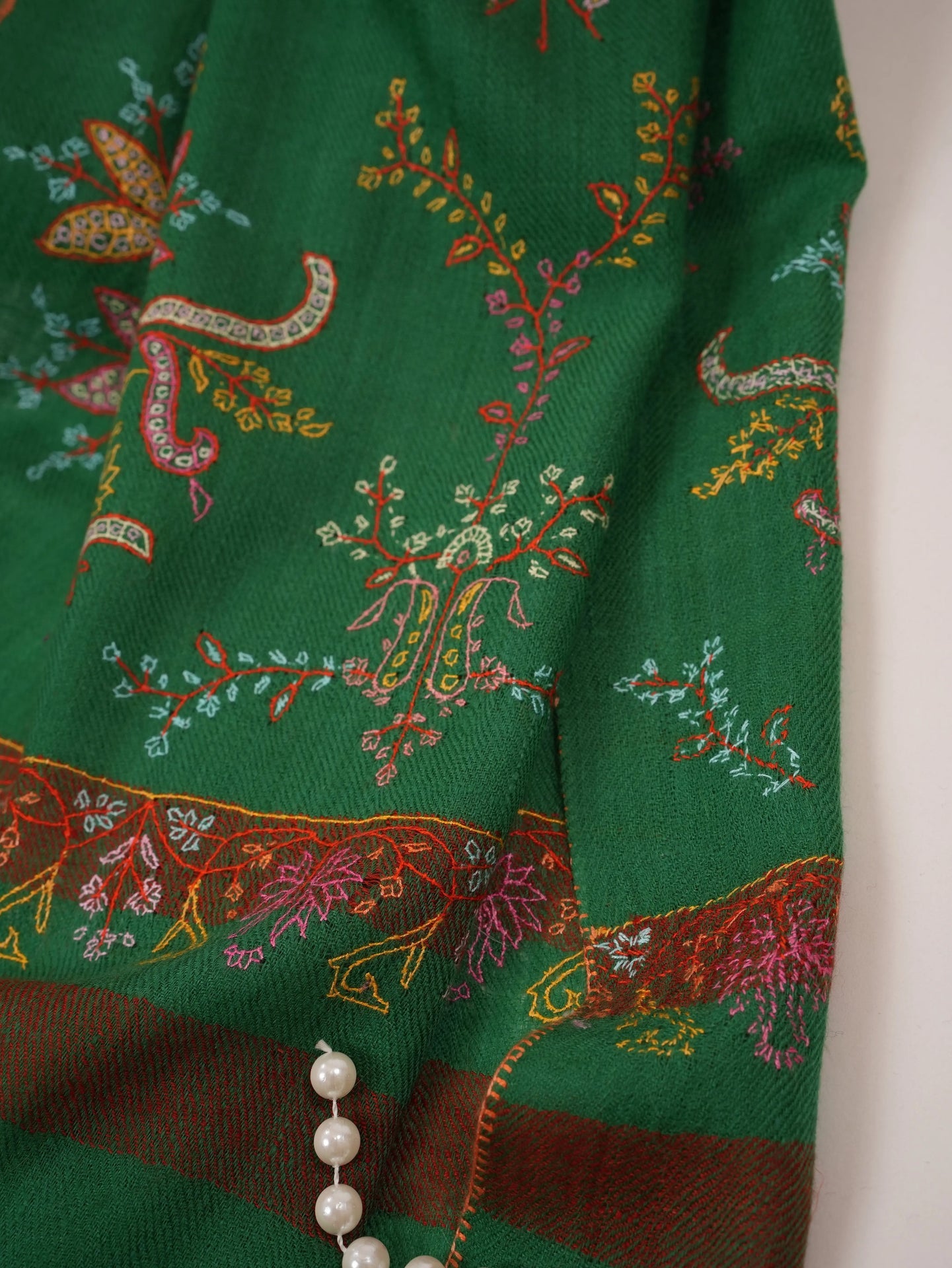 Emerald Green Palldar Soft Cashmere Scarf Featuring Hand Sozni Embroidery Shahkaar.com