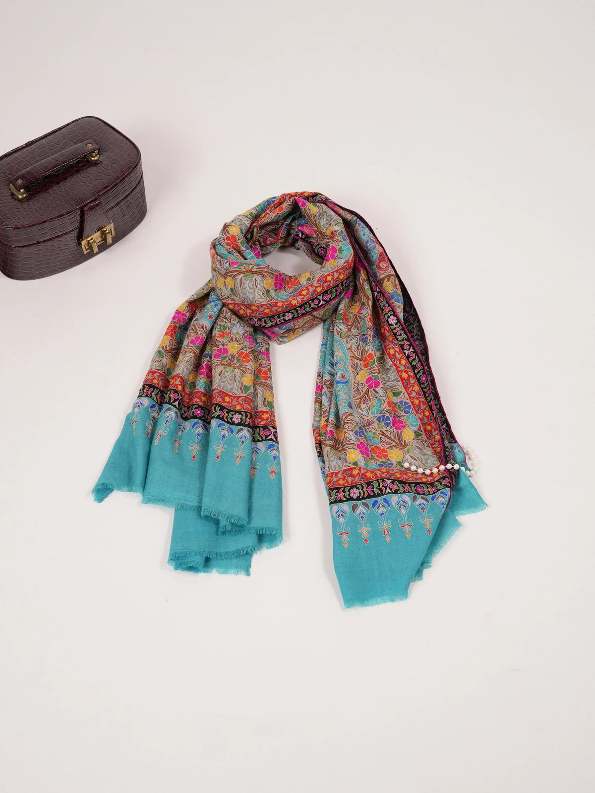 Lightweight Handwoven Blue Pashmina Shawl with Kalamkari Hand Embroidery Shahkaar.com