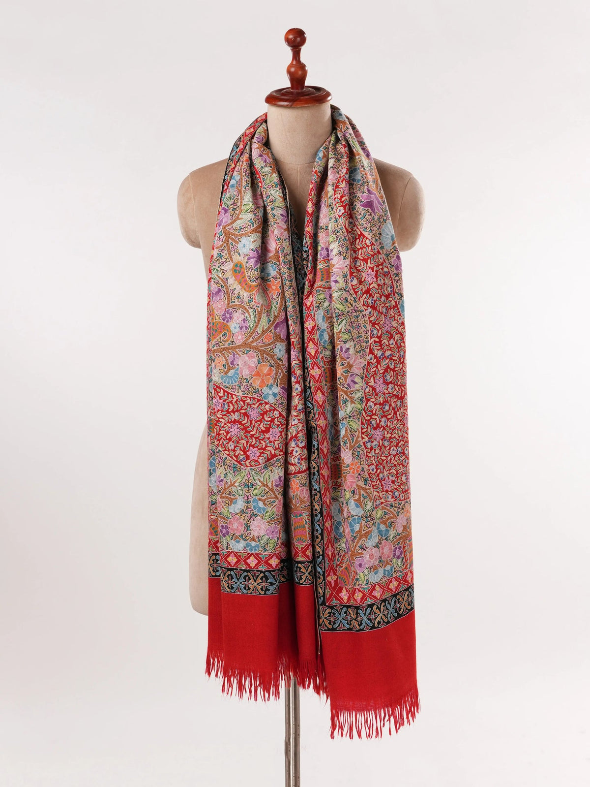 Handwoven Red Pashmina Shawl with Kalamkari Hand Embroidery Shahkaar.com