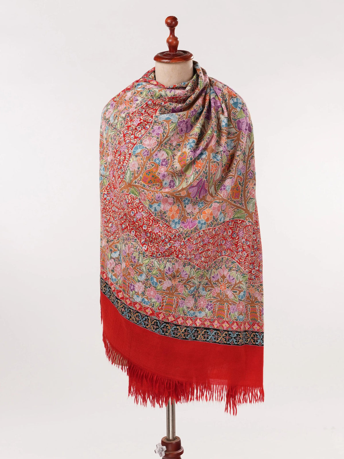 Handwoven Red Pashmina Shawl with Kalamkari Hand Embroidery Shahkaar.com
