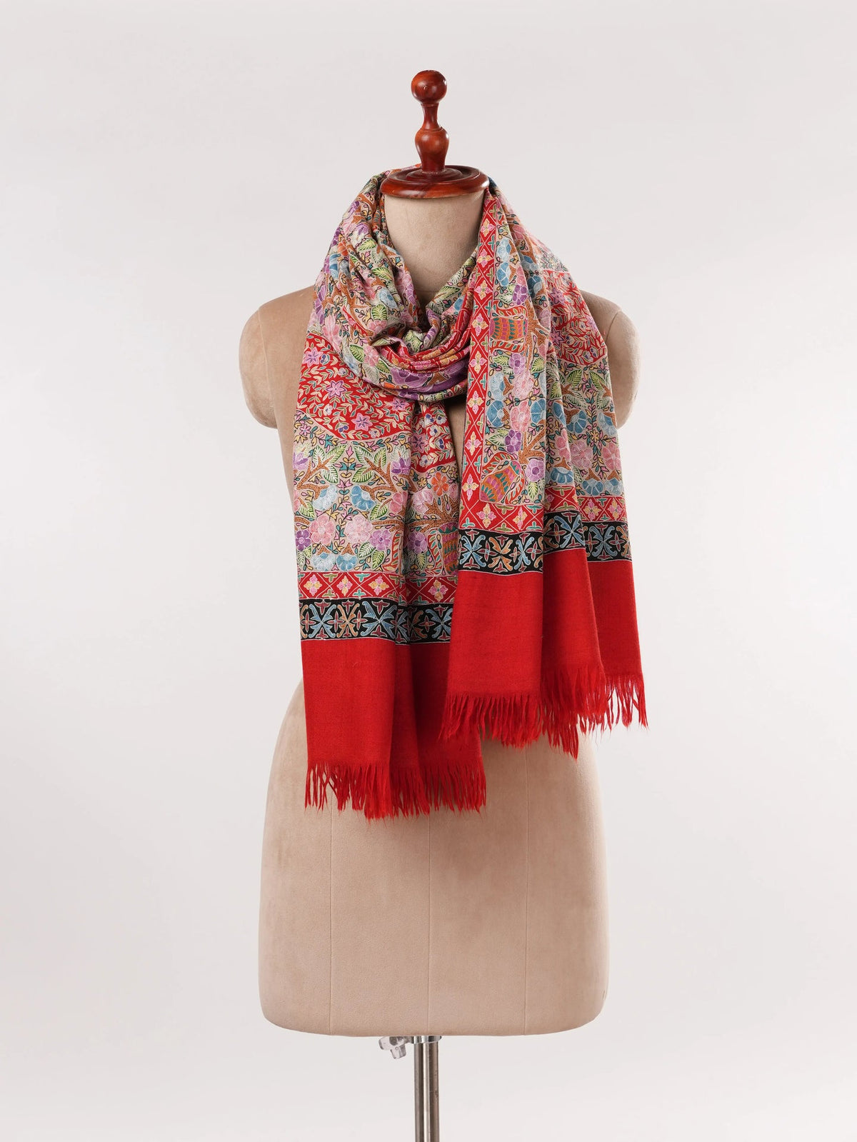 Handwoven Red Pashmina Shawl with Kalamkari Hand Embroidery Shahkaar.com