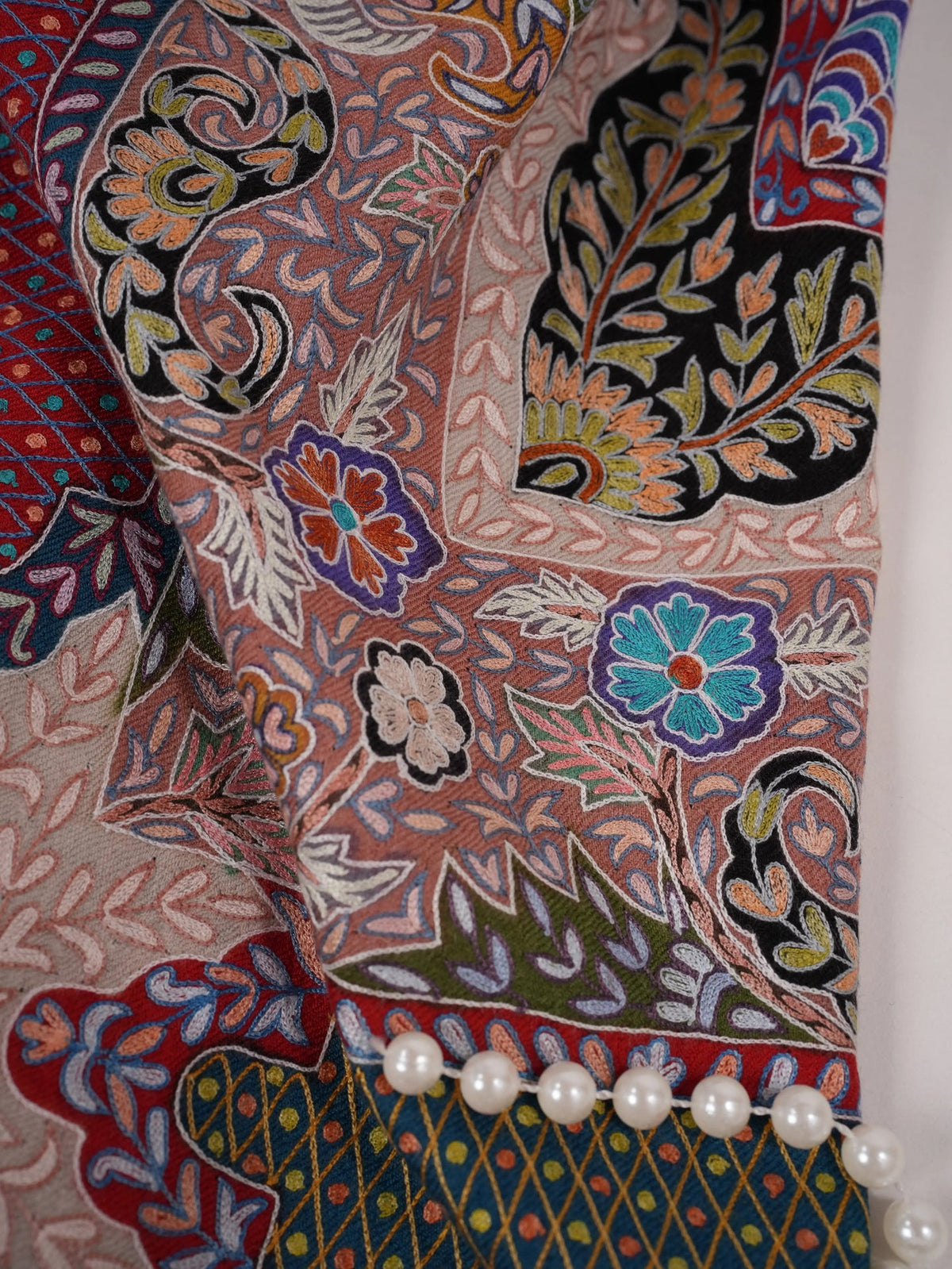 Soft Handwoven Black Pashmina Shawl with Hand Kalamkari Embroidery Shahkaar.com