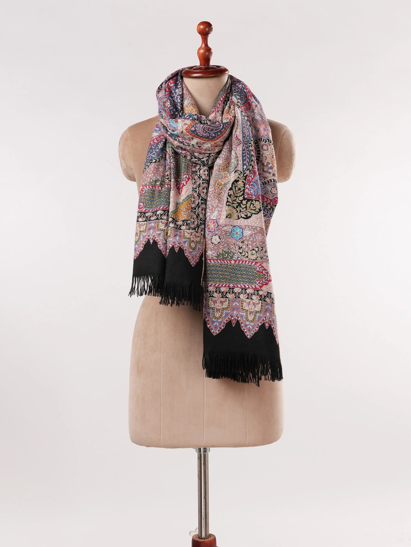 Soft Handwoven Black Pashmina Shawl with Hand Kalamkari Embroidery Shahkaar.com
