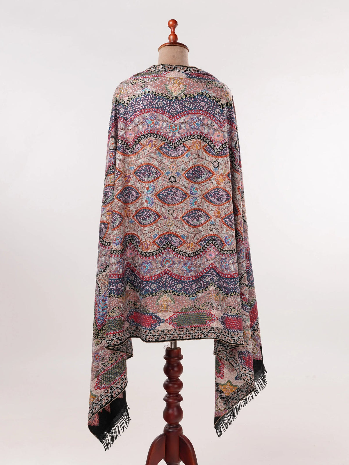 Soft Handwoven Black Pashmina Shawl with Hand Kalamkari Embroidery Shahkaar.com