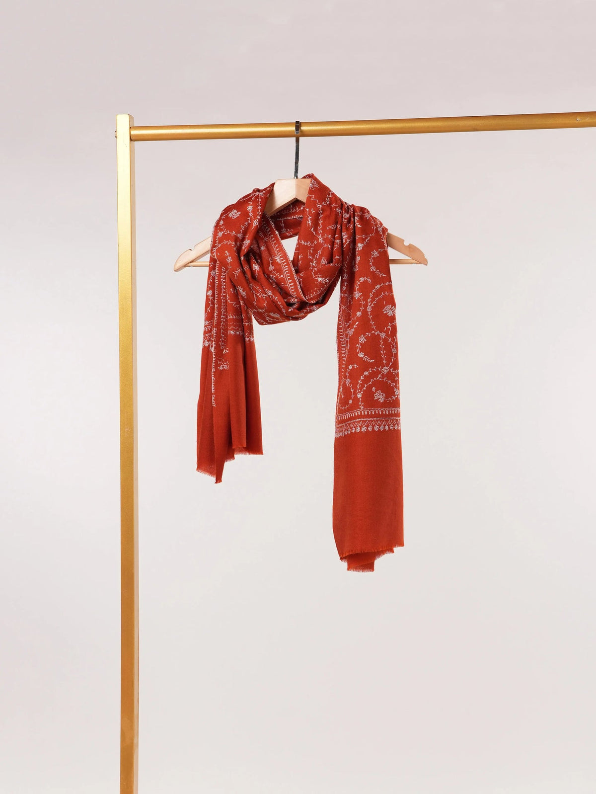 Rust Fine Silk Wool Scarf with Kashmiri Jali Hand Sozni Embroidery Shahkaar.com