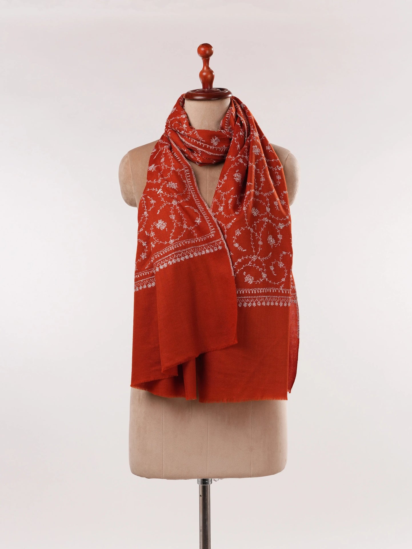 Rust Fine Silk Wool Scarf with Kashmiri Jali Hand Sozni Embroidery Shahkaar.com