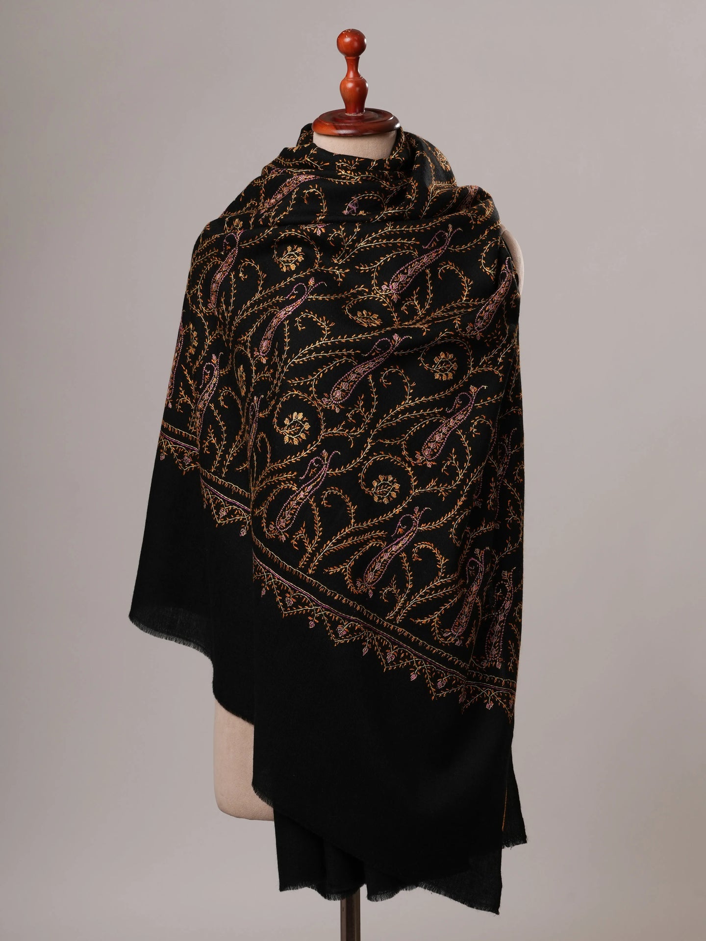 Black Hand Embroidered Jali Fine Wool Warm Shawl Shahkaar