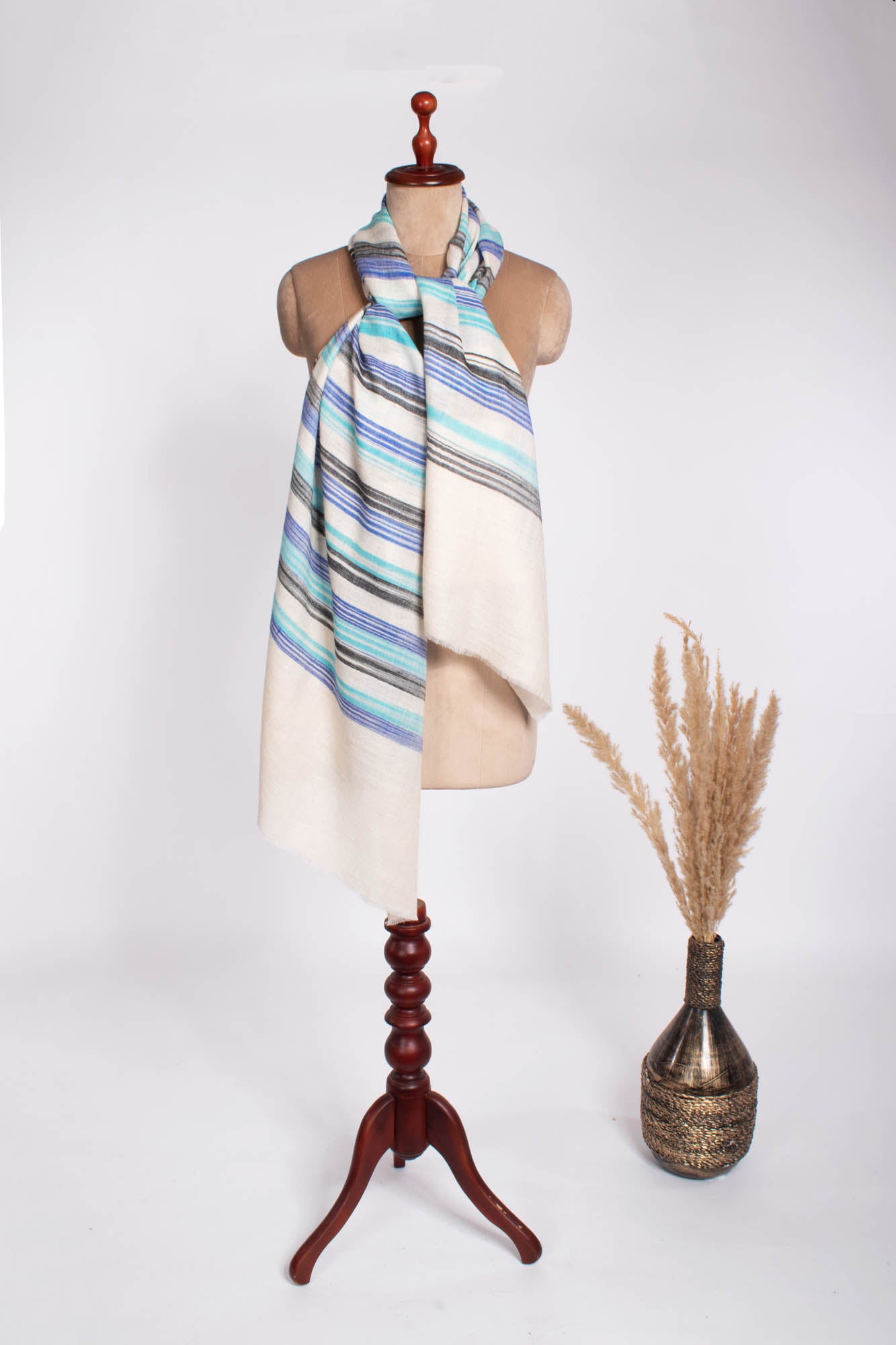 Boho Chic Handloomed Blue White Cashmere Pashmina Scarf - Corfe