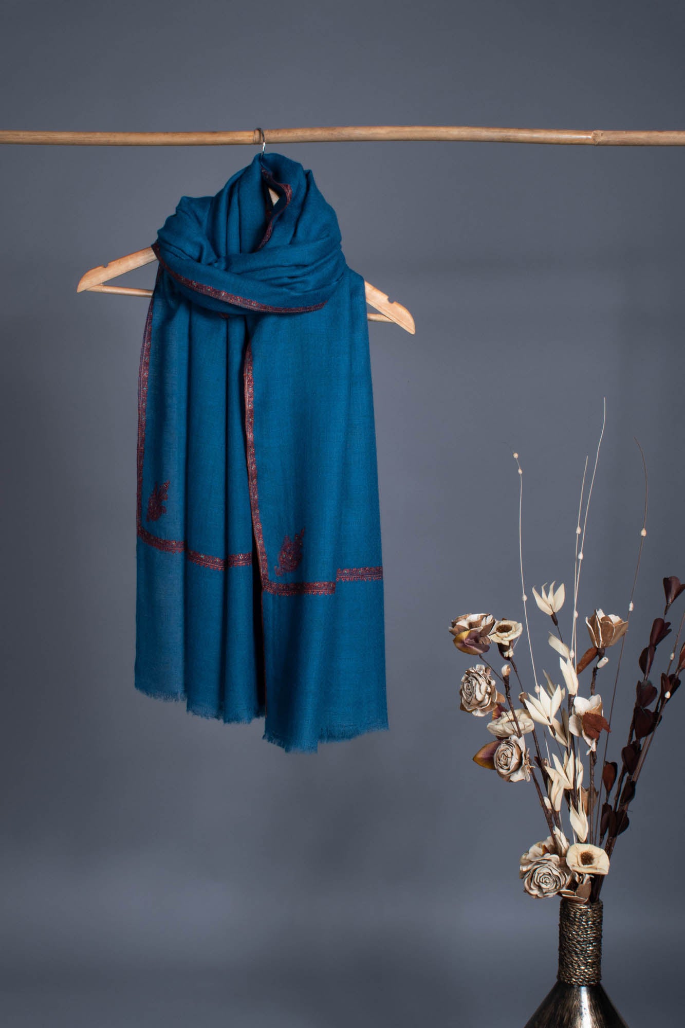 Classic Blue Artistic Pashmina Wrap With Sozni Embroidery - OZARK