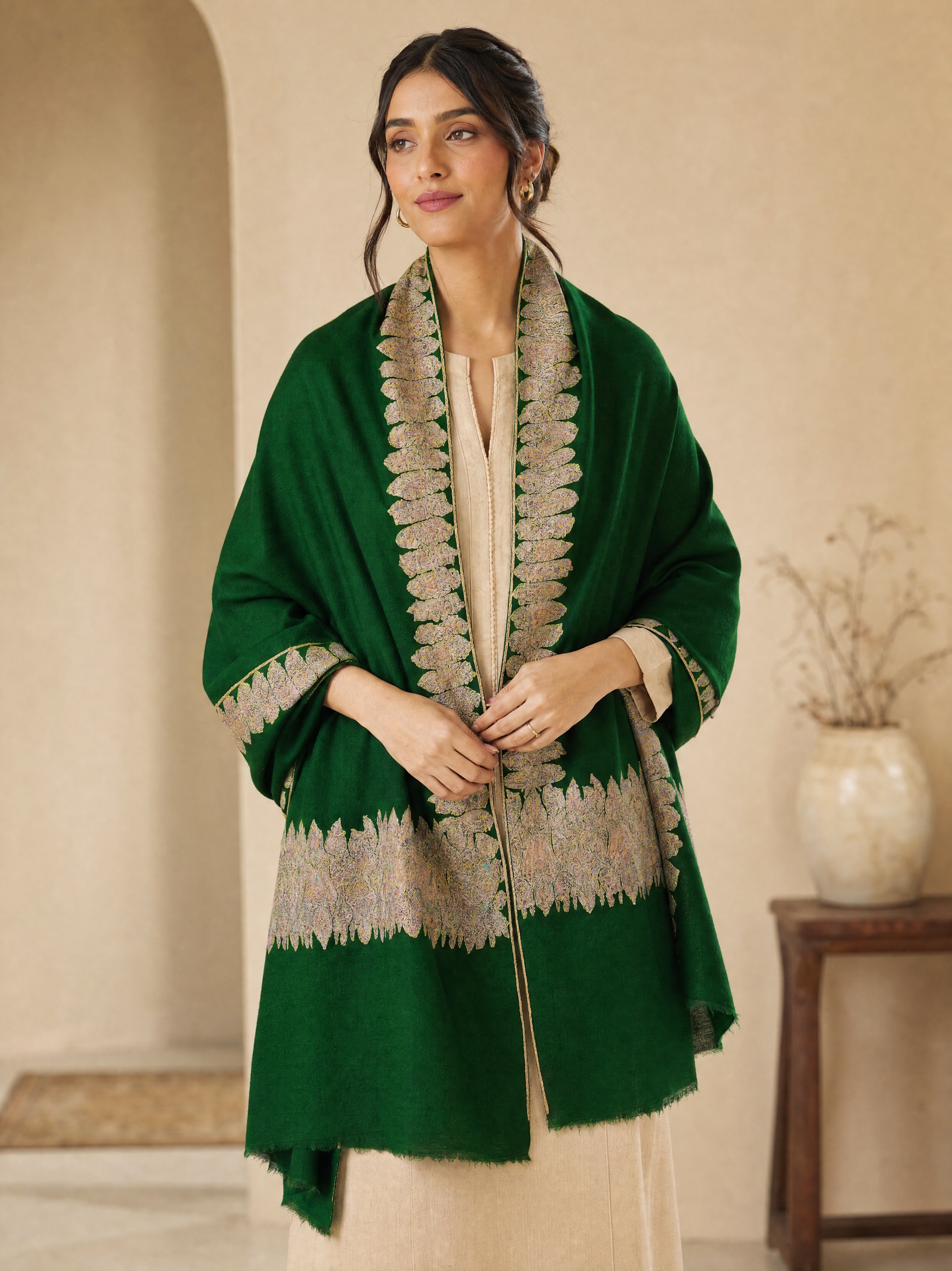 Emerald Green Handspun Daurdar Pure Pashmina Shawl Shahkaar.com