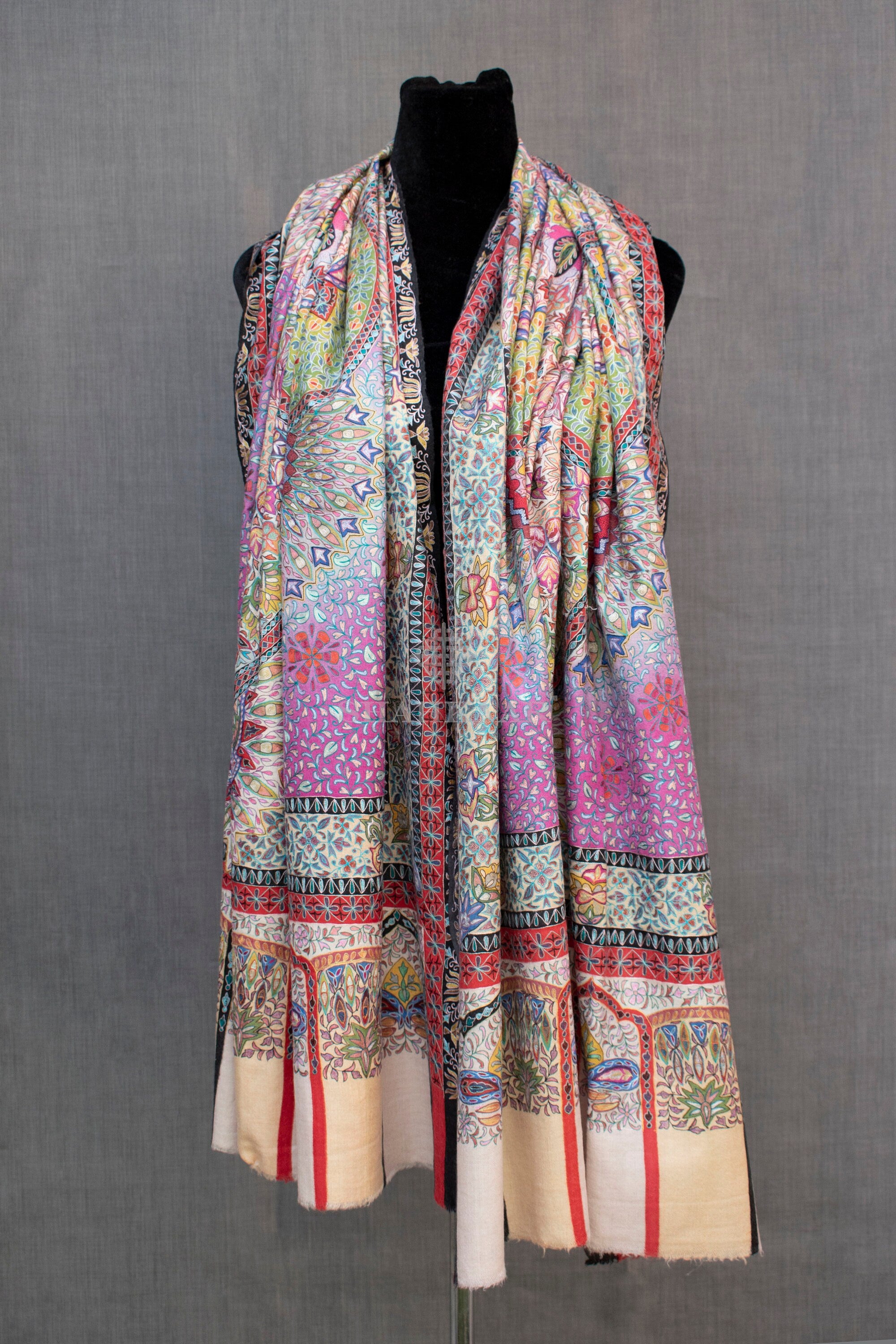 Exquis Kalamkari Pashmina/Châle en cachemire, peint à la main, broderie au crochet à la main, tissé à la main, fil de broderie en soie pure
