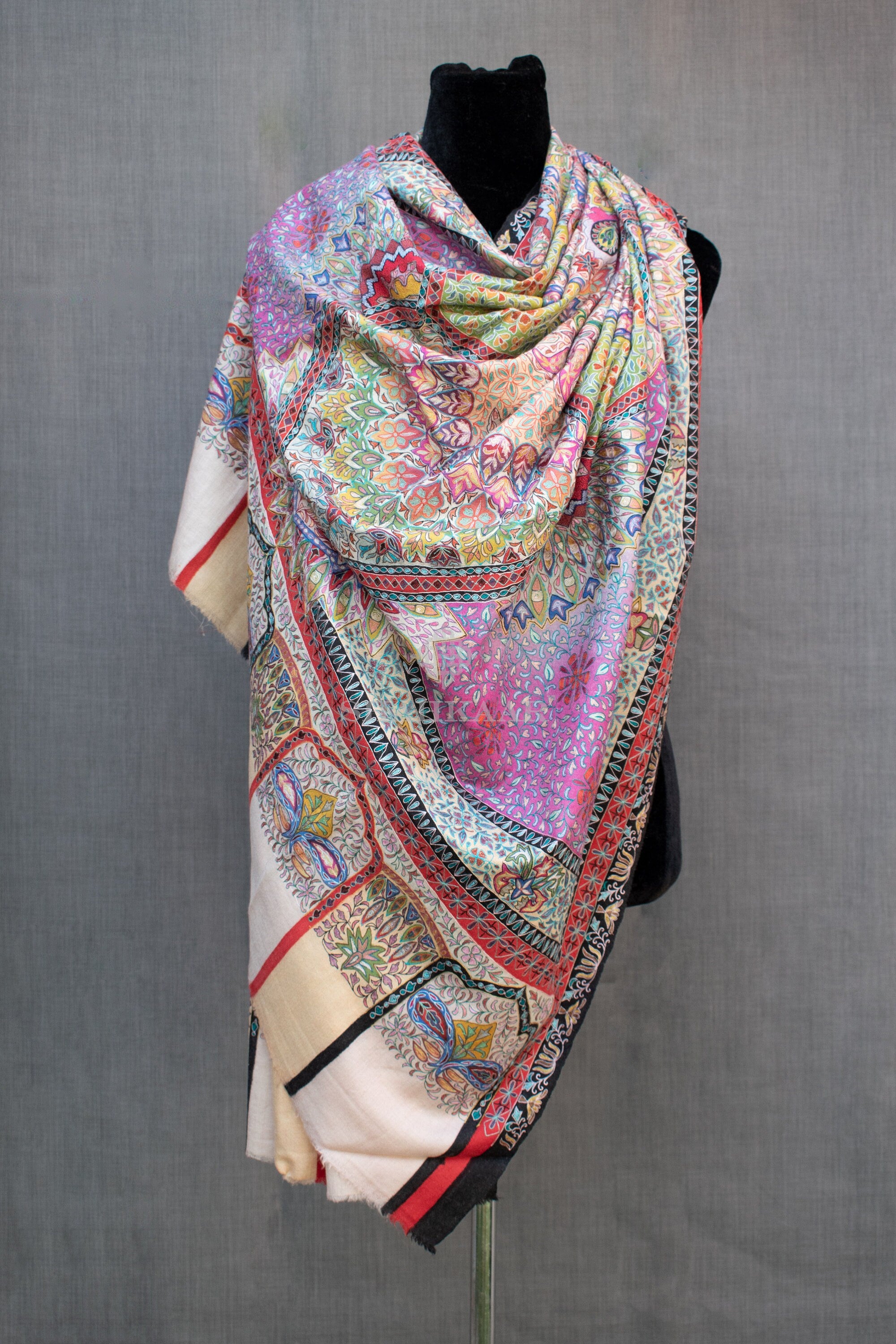 Exquis Kalamkari Pashmina/Châle en cachemire, peint à la main, broderie au crochet à la main, tissé à la main, fil de broderie en soie pure