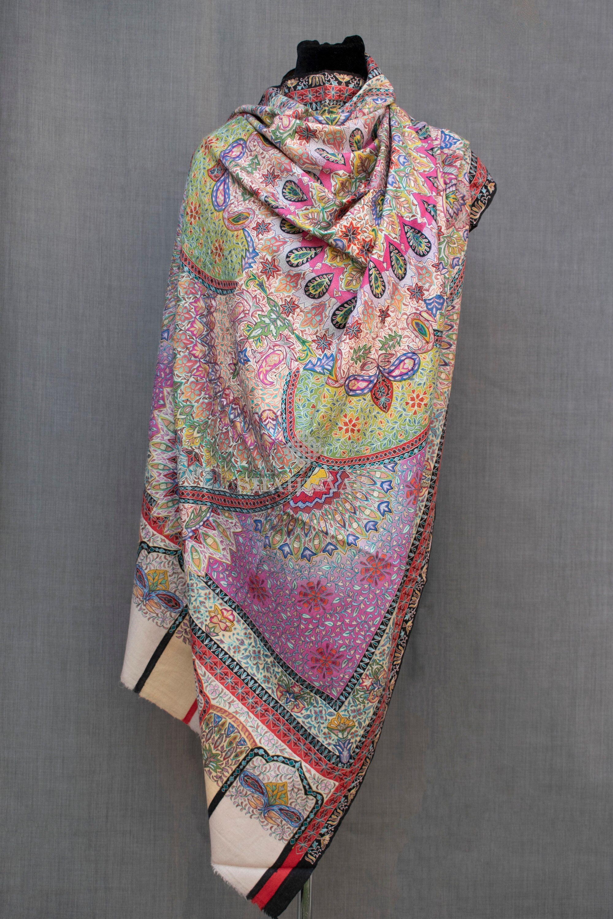 Exquis Kalamkari Pashmina/Châle en cachemire, peint à la main, broderie au crochet à la main, tissé à la main, fil de broderie en soie pure