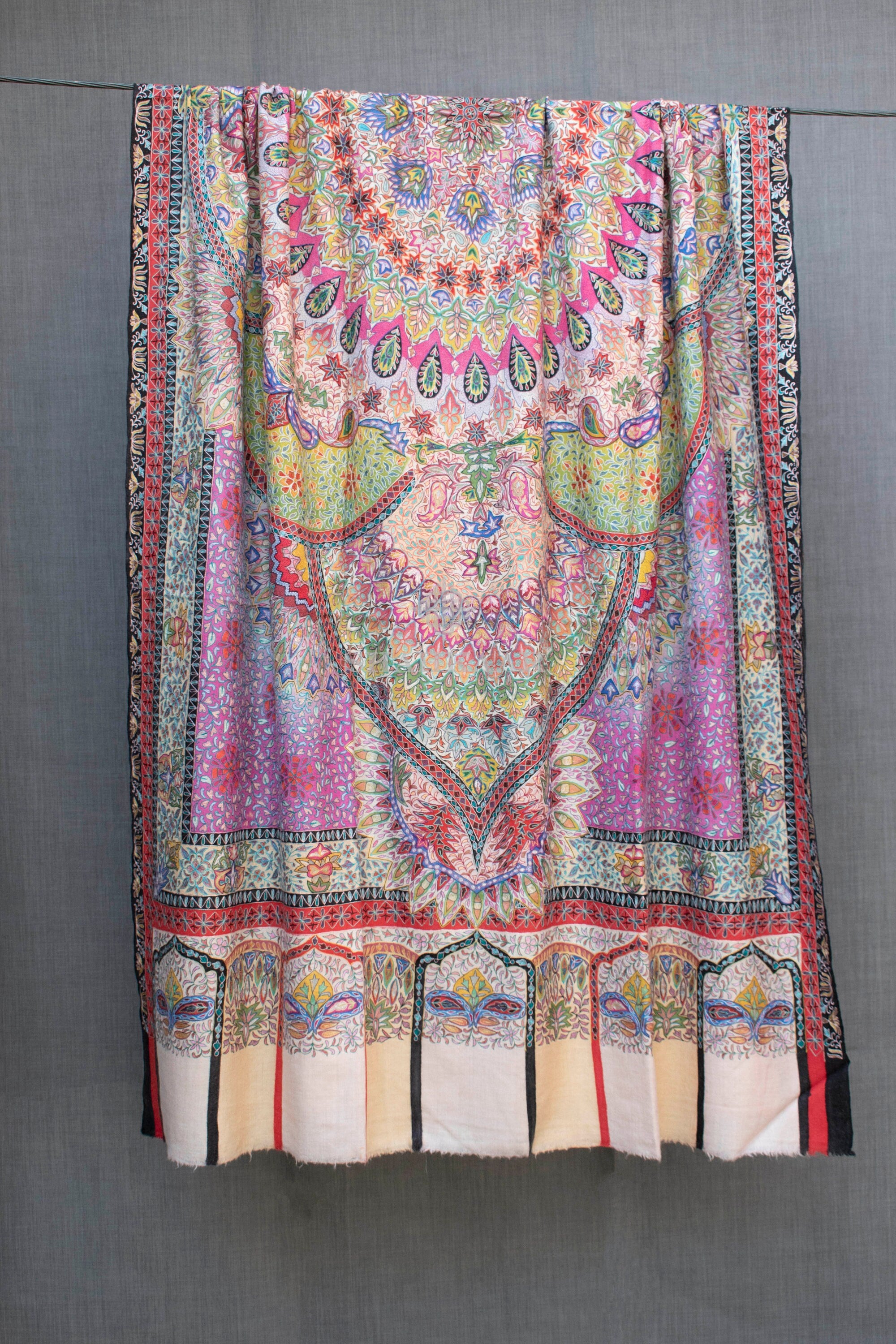 Exquis Kalamkari Pashmina/Châle en cachemire, peint à la main, broderie au crochet à la main, tissé à la main, fil de broderie en soie pure
