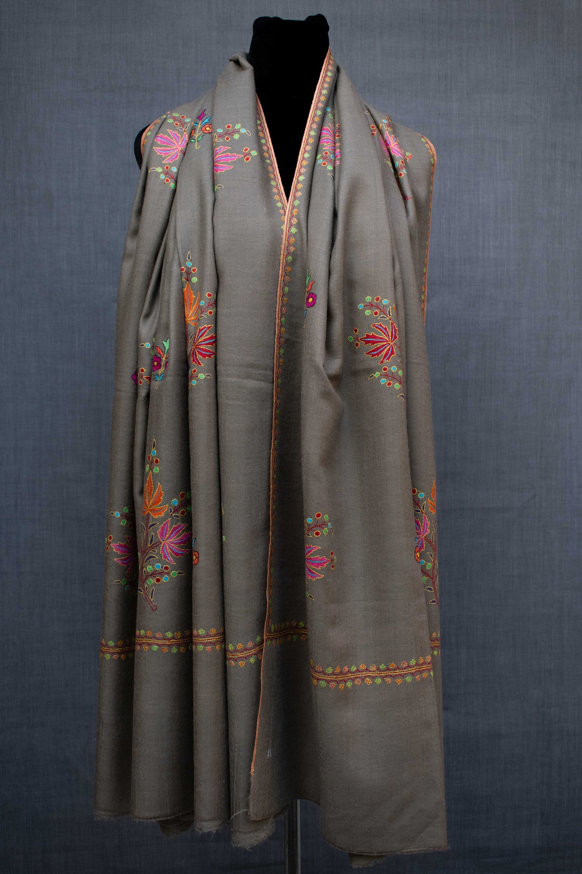 Pure Pashmina Floral Paper Machie Hand Embroidery Scarf Shawl Wrap, Handwoven, Made in Kashmir