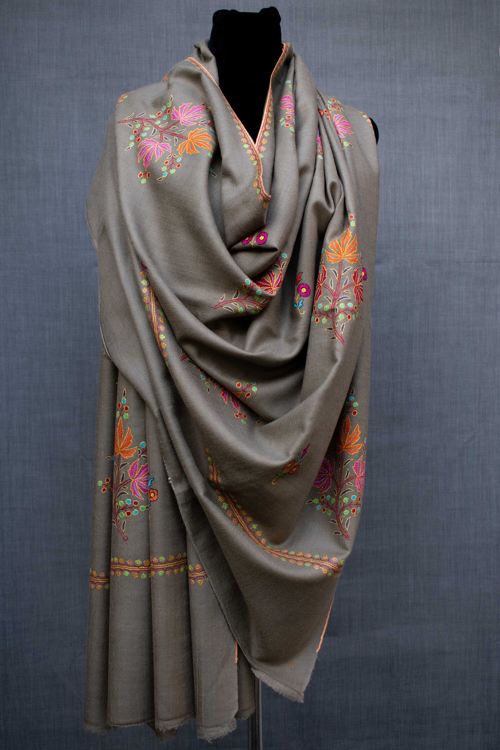Pure Pashmina Floral Paper Machie Hand Embroidery Scarf Shawl Wrap, Handwoven, Made in Kashmir