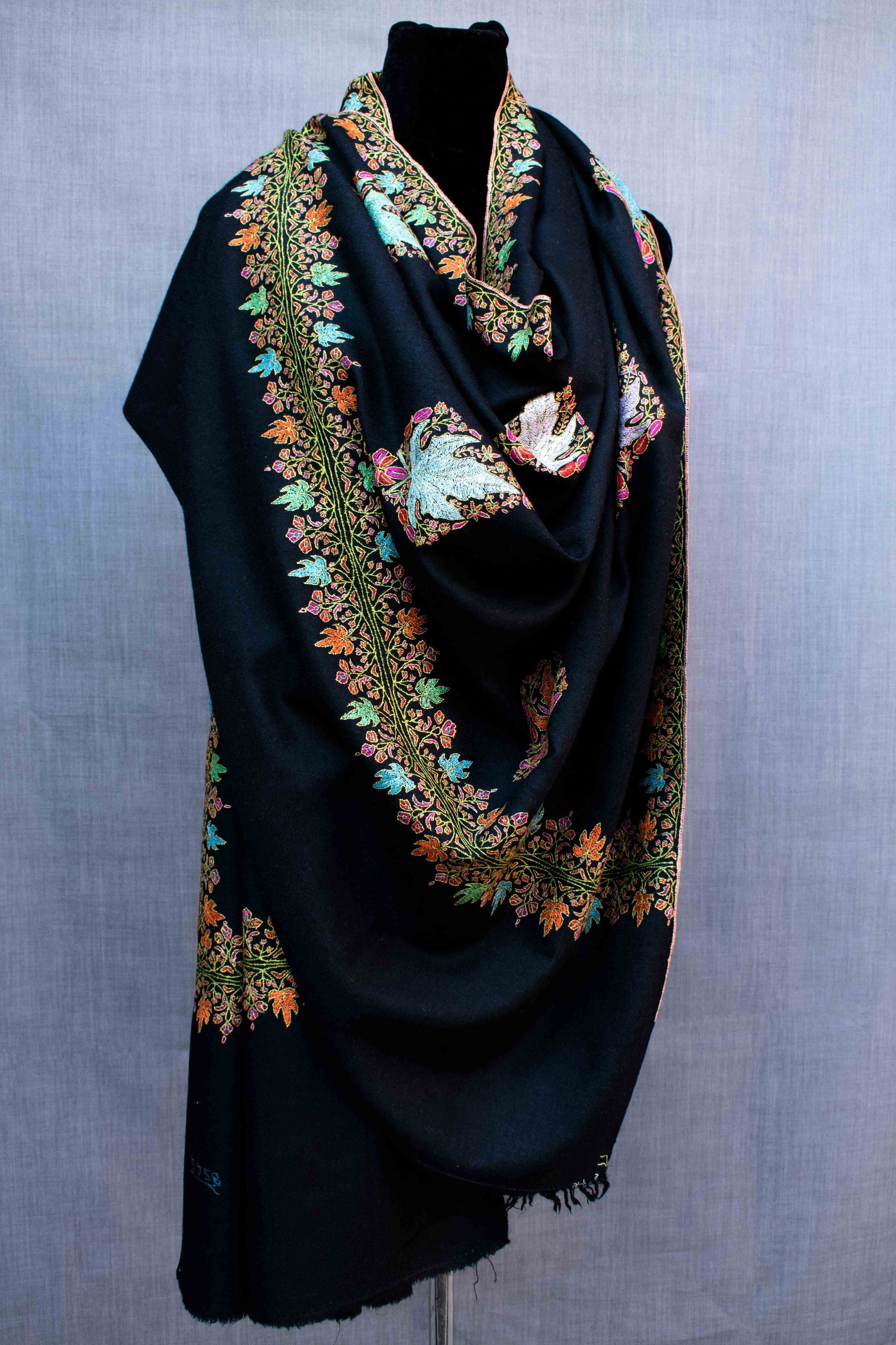 Châle Pashmina pur feuille d’érable, broderie à la main en papier mâché, tissé à la main, fabriqué au Cachemire