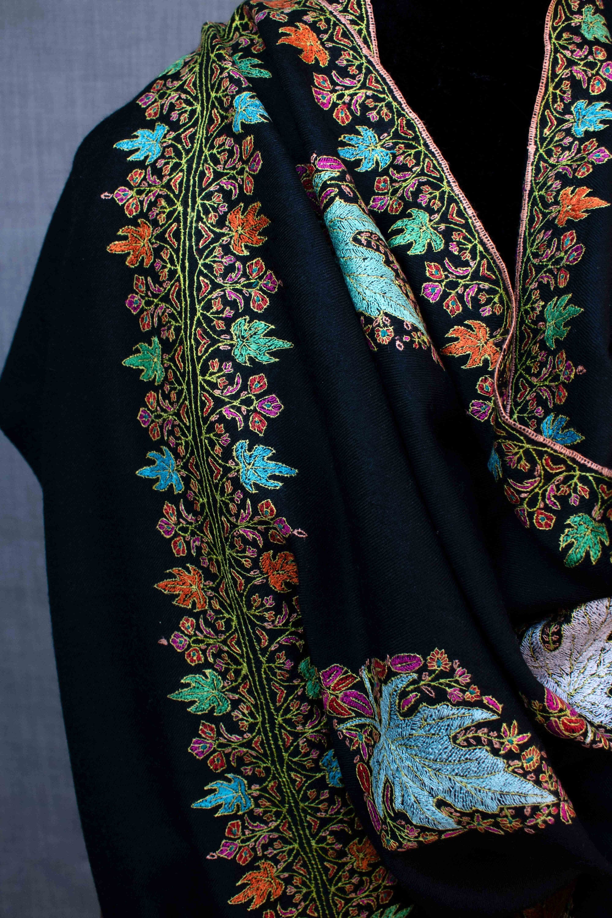 Châle Pashmina pur feuille d’érable, broderie à la main en papier mâché, tissé à la main, fabriqué au Cachemire