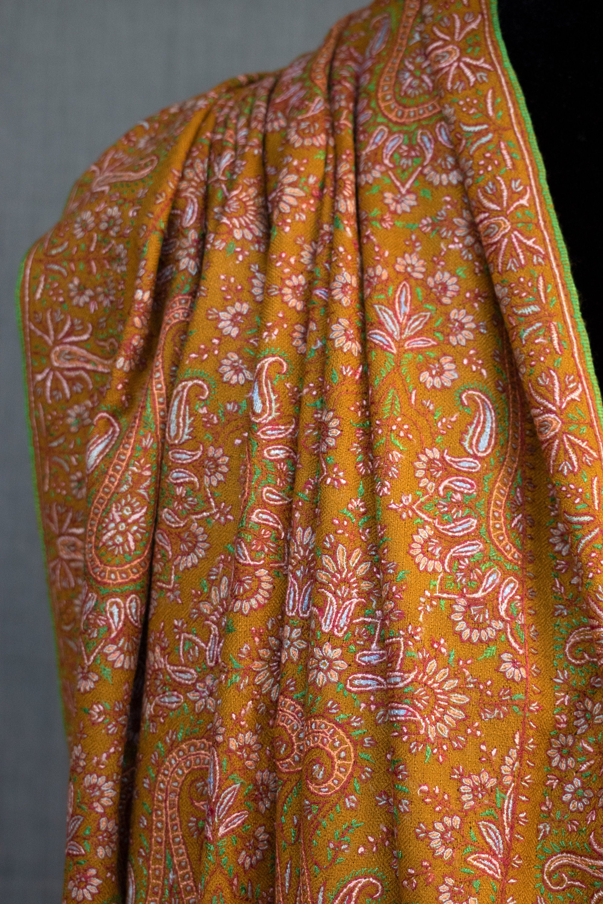 Scialle Gulistan Kashmir, Sozni Jamavar su Pashmina in puro cashmere, regalo cimelio, 40x80"
