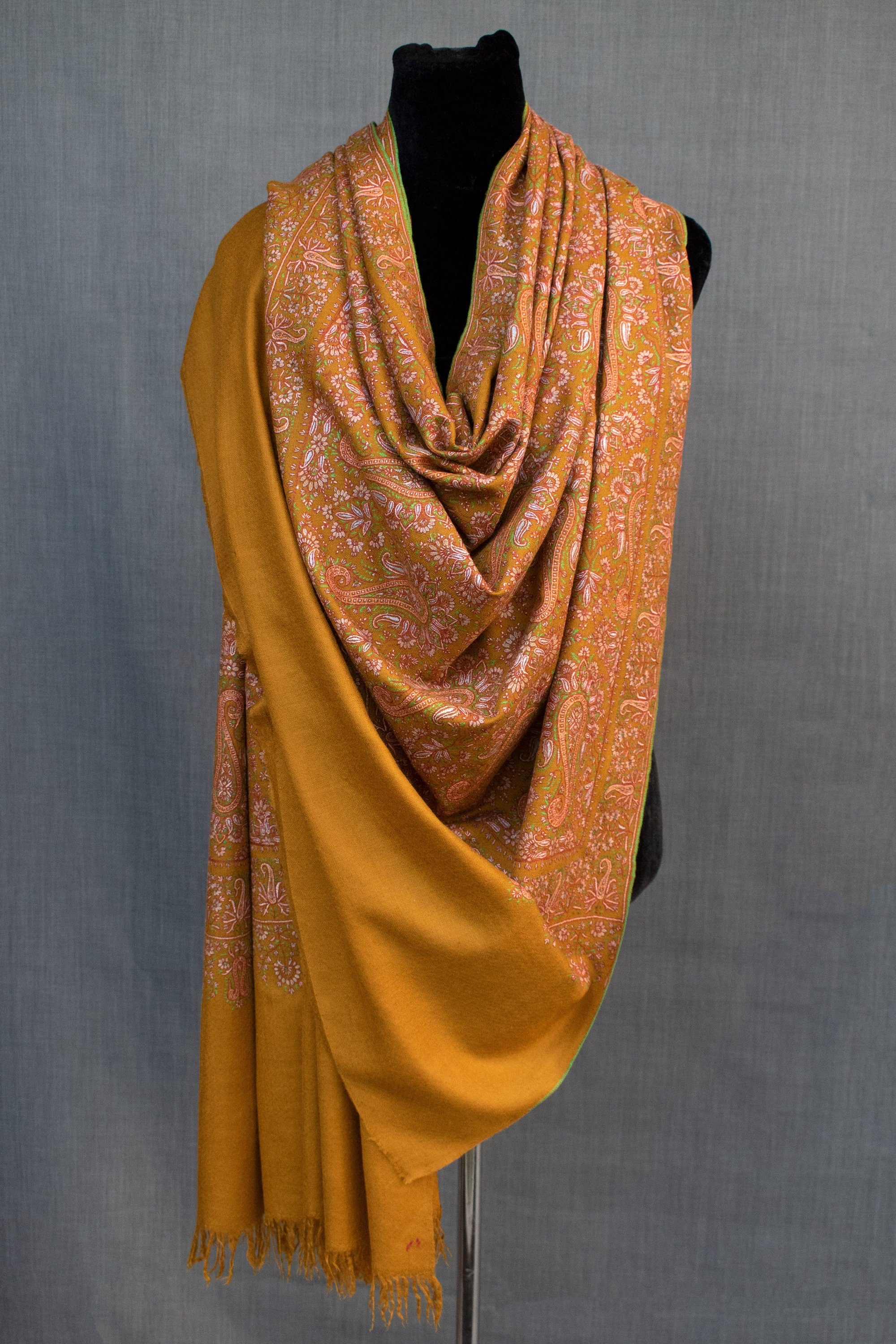 Scialle Gulistan Kashmir, Sozni Jamavar su Pashmina in puro cashmere, regalo cimelio, 40x80"
