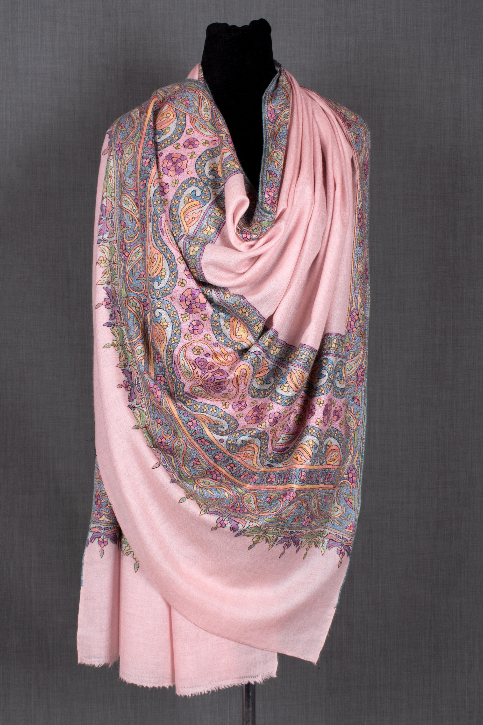 Ameena Kashmiri Handloom Pashmina Schal, Paper Machie Toto Work, Handstickerei, 40x80"