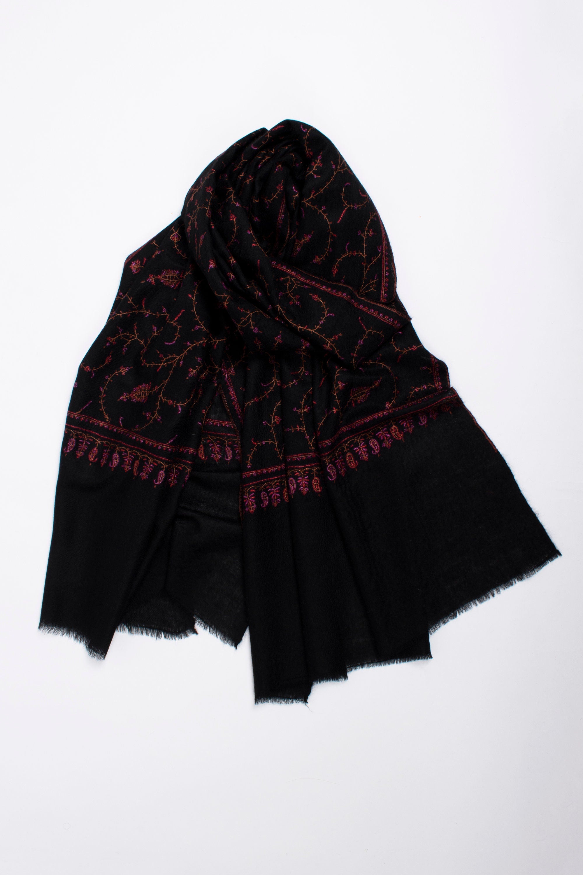 Foulards noirs, Pashminas super doux, broderies à l'aiguille, châles cachemiriens, écharpe de chèvre, 28x80" - TAWHITI