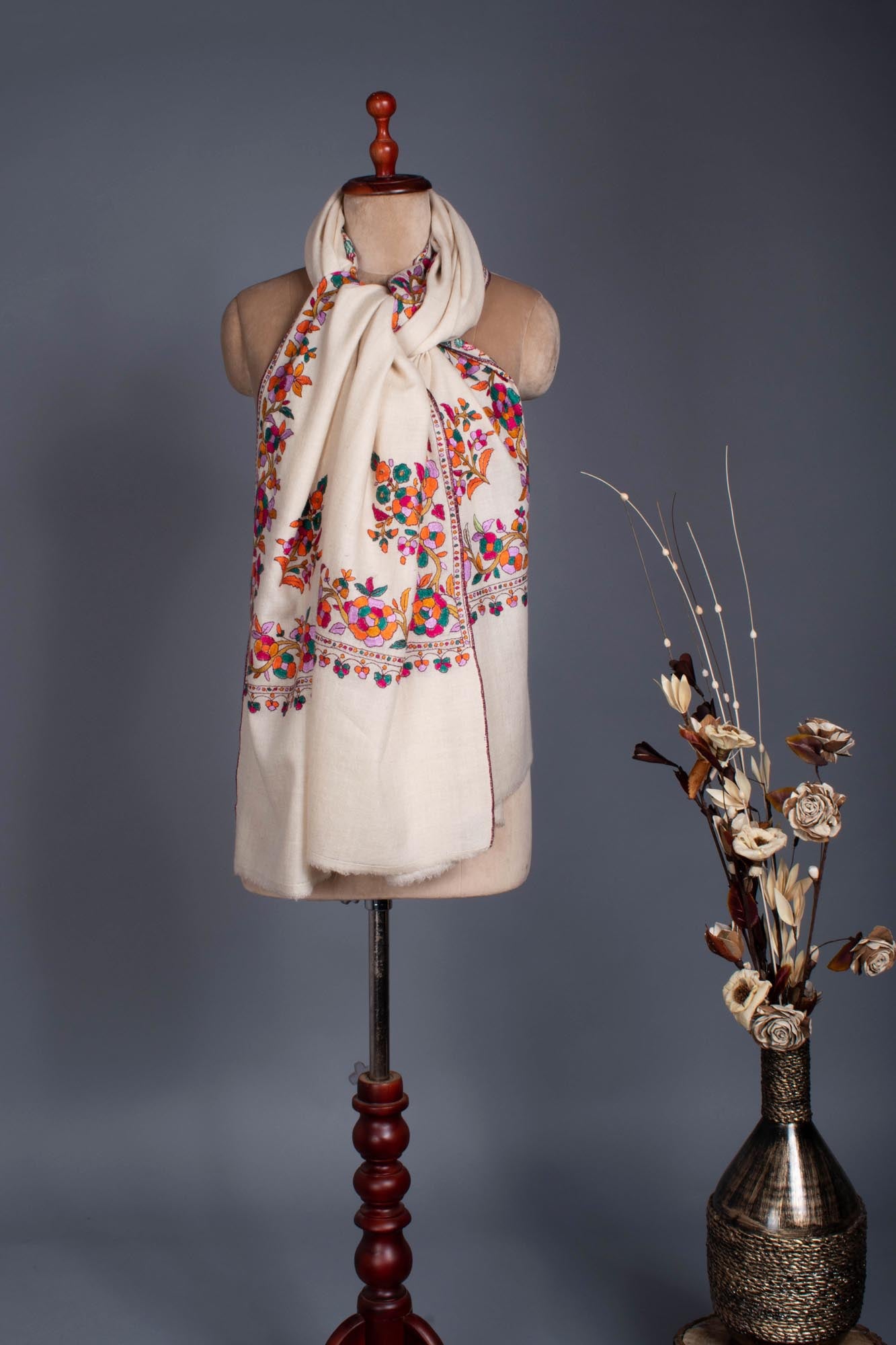 Floral Papermachie Daur Dar Pashmina Wrap - CASTLE