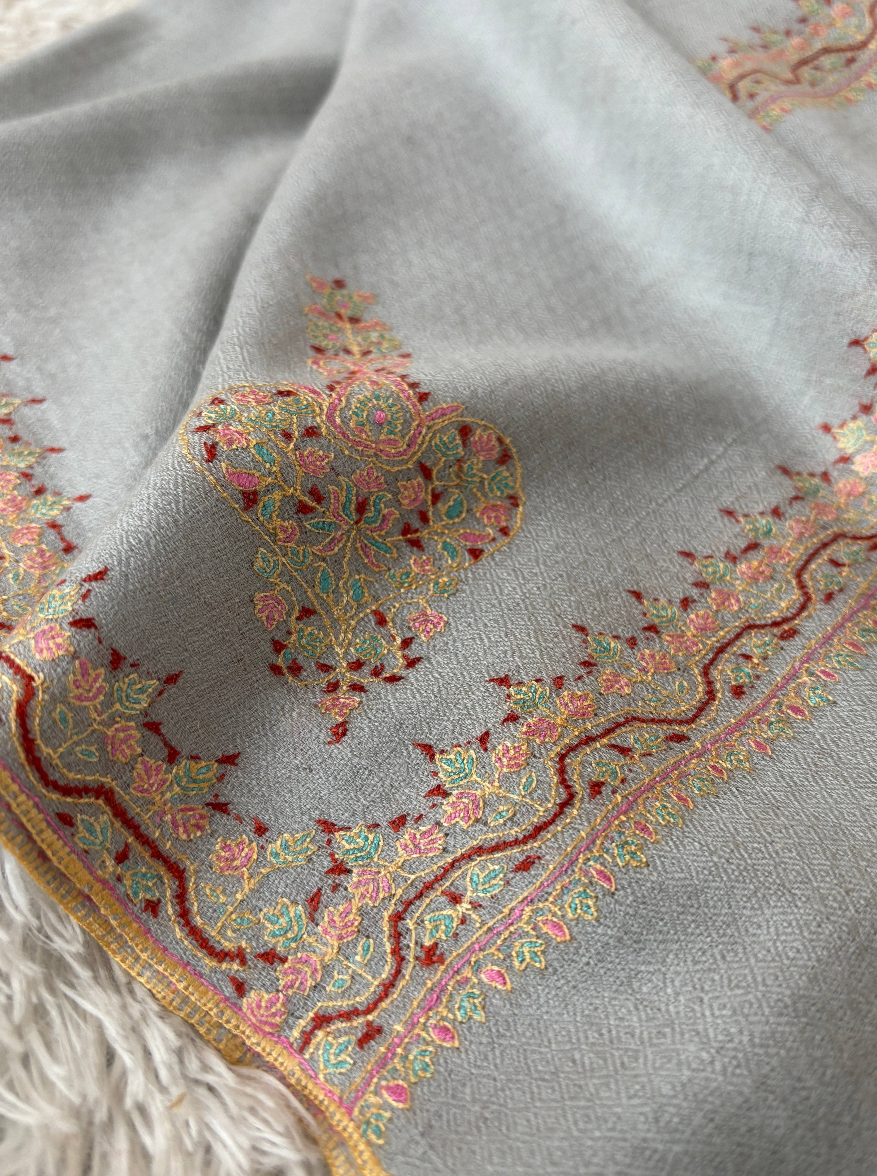 Silver Grey Handloomed Cashmere Hand Embroidered Shawl - TORREON