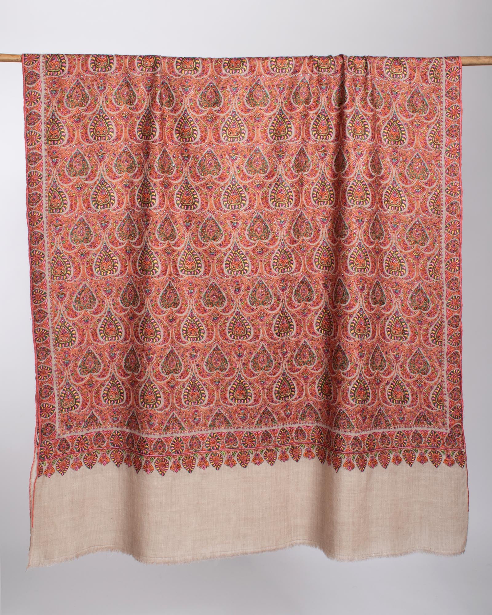 Beige Floral Spades Full Jamavar Shawl - NANTWICH