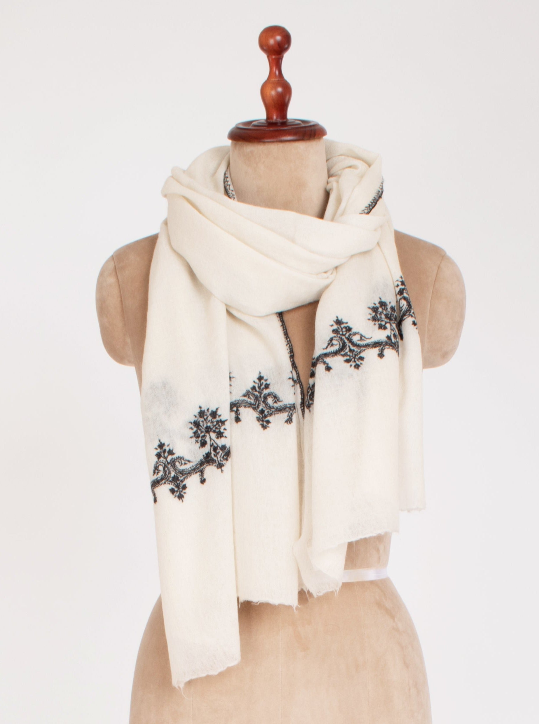 Black and White Kashmiri Embroidered Pure Wool Scarf