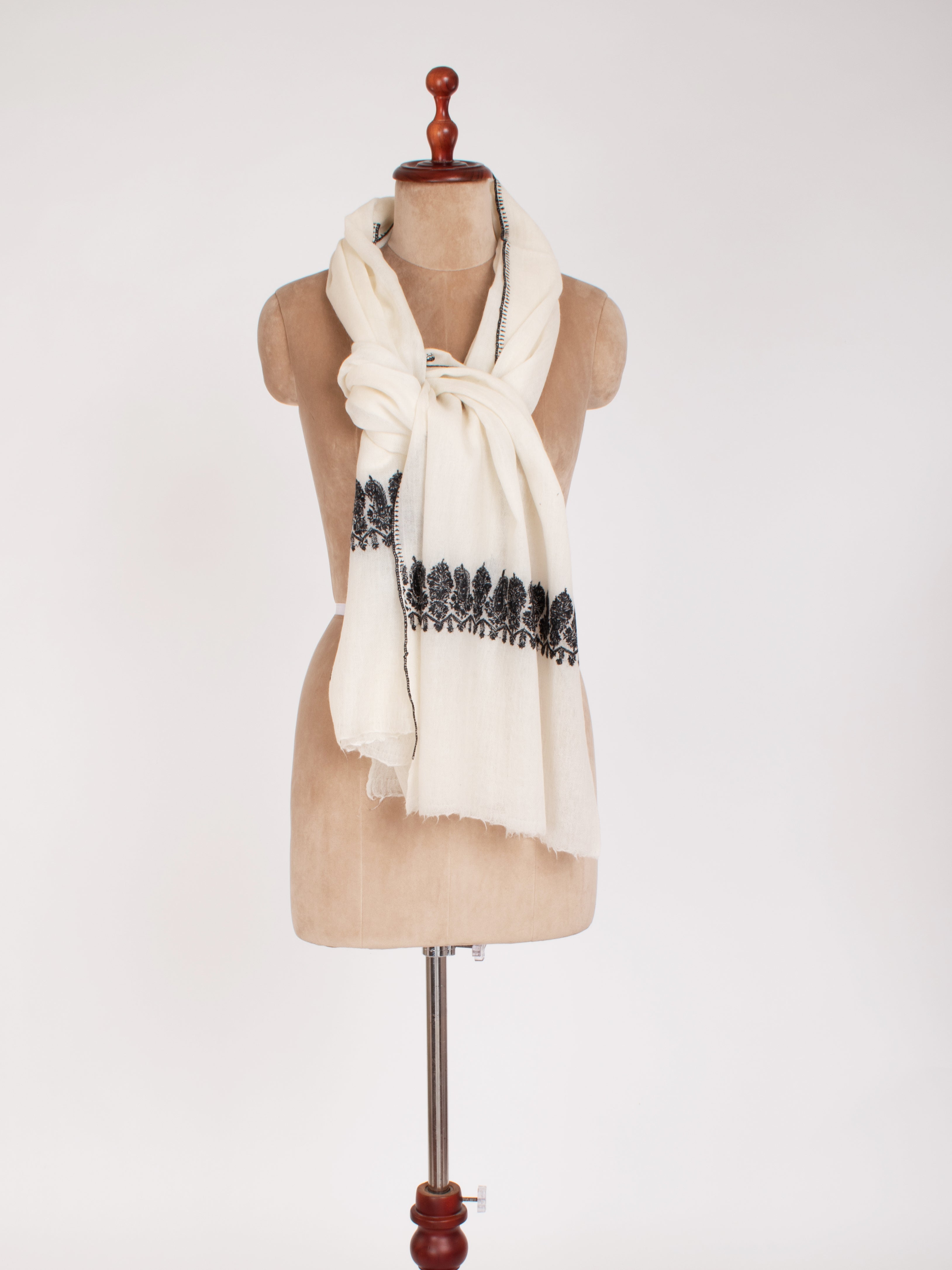 White Pure Wool Scarf With Black Hand Embroidery