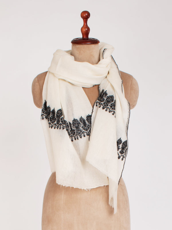 White Pure Wool Scarf With Black Hand Embroidery