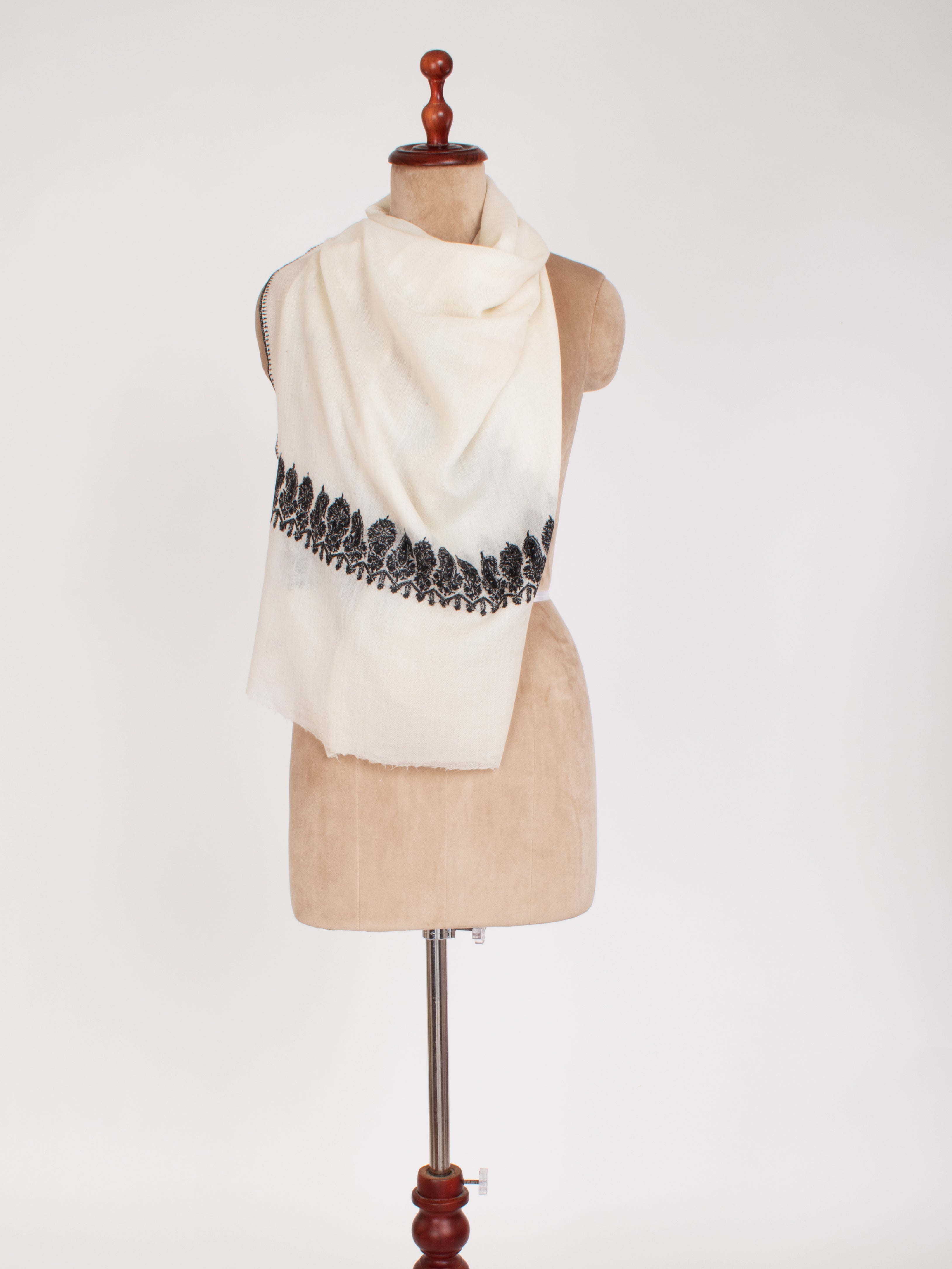 White Pure Wool Scarf With Black Hand Embroidery