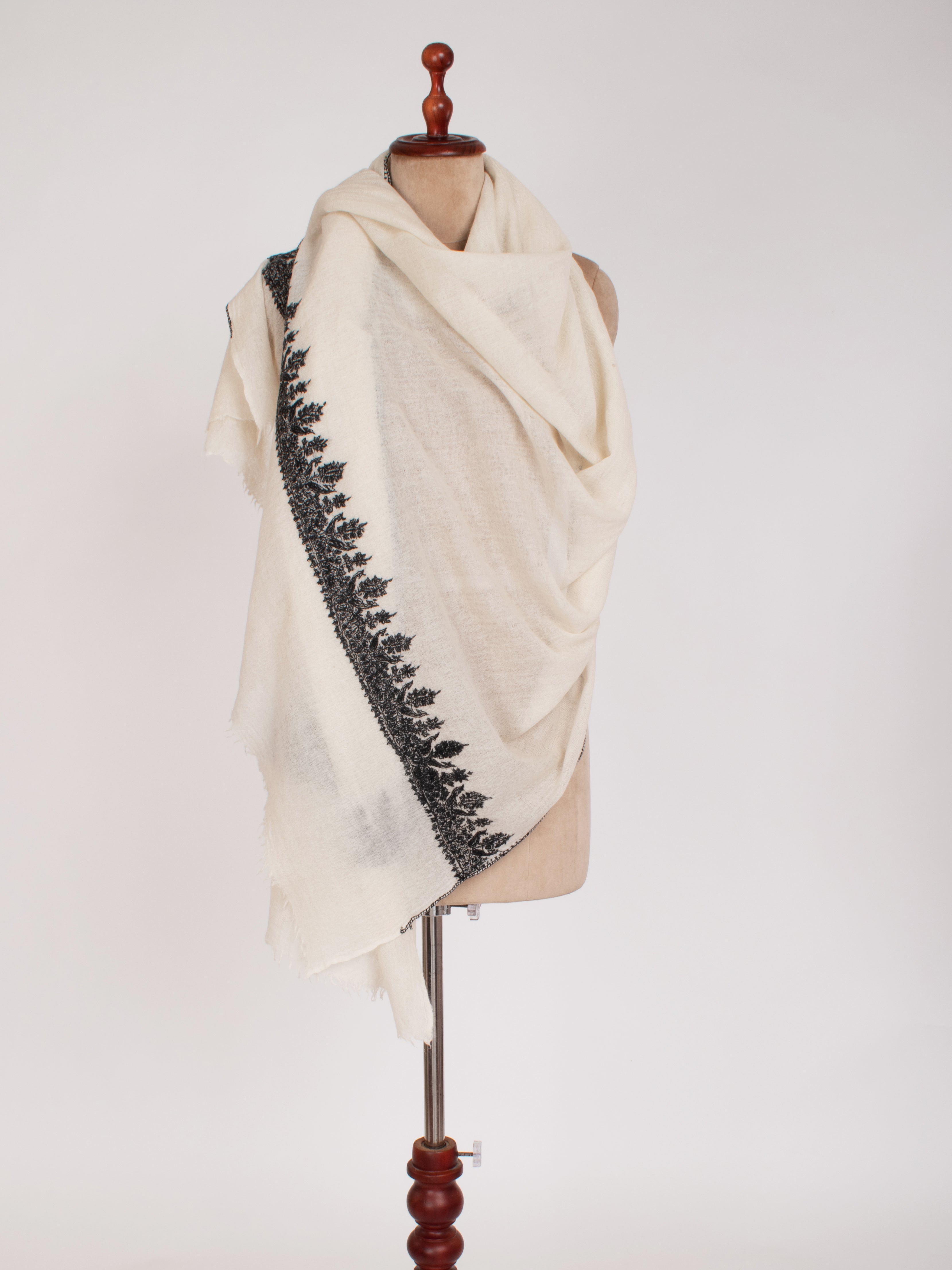 Black and White Kashmiri Embroidered Bulky Wool Shawl