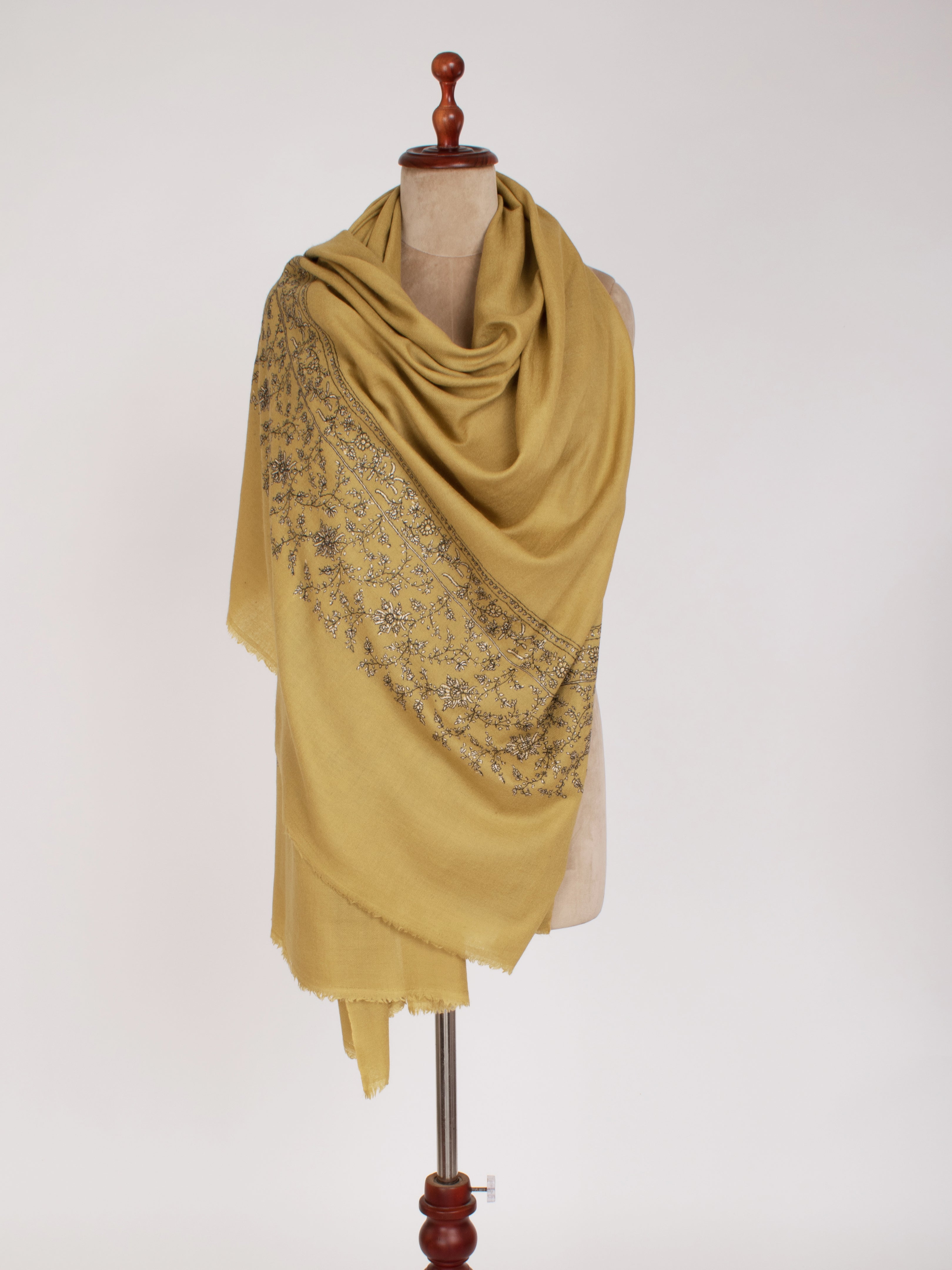 Golden with Black Cream Hand Embroidery Soft Silk Wool Wrap