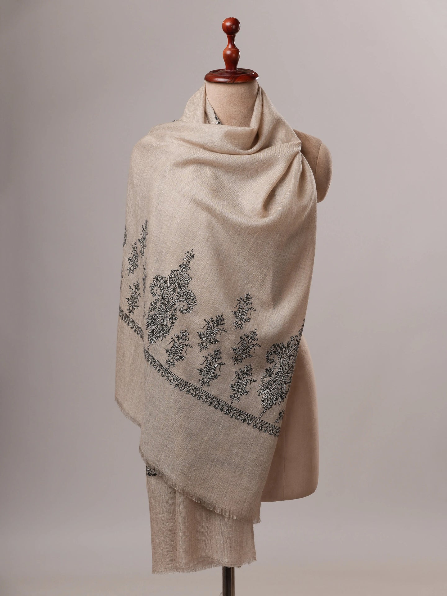 Artisan Crafted Grey Pure Cashmere Scarf Featuring Hand Embroidered Palla Shahkaar