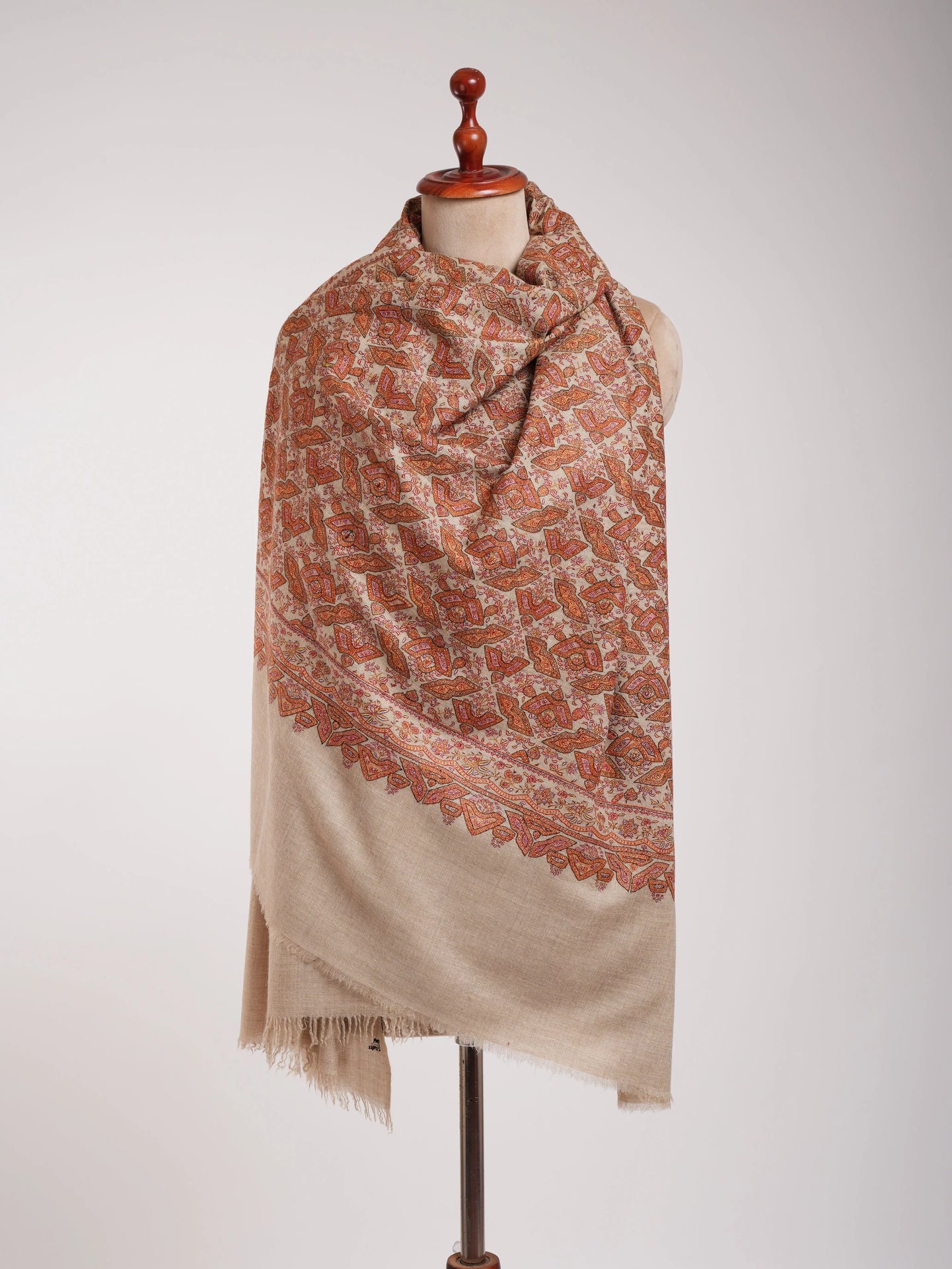 Beige Geometric Butterflies Embroidered Kashmiri Jamavar Shawl Shahkaar
