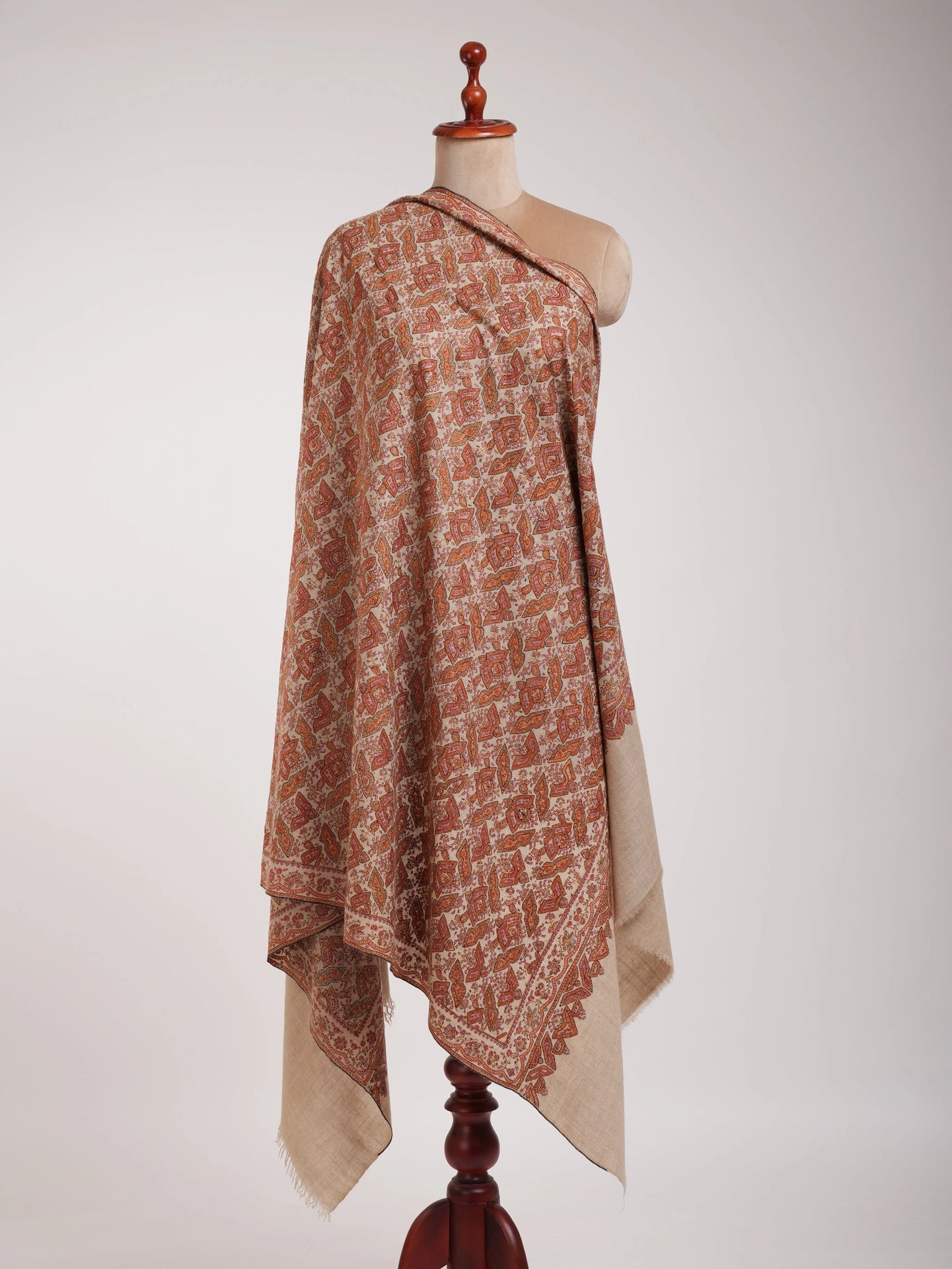 Beige Geometric Butterflies Embroidered Kashmiri Jamavar Shawl Shahkaar