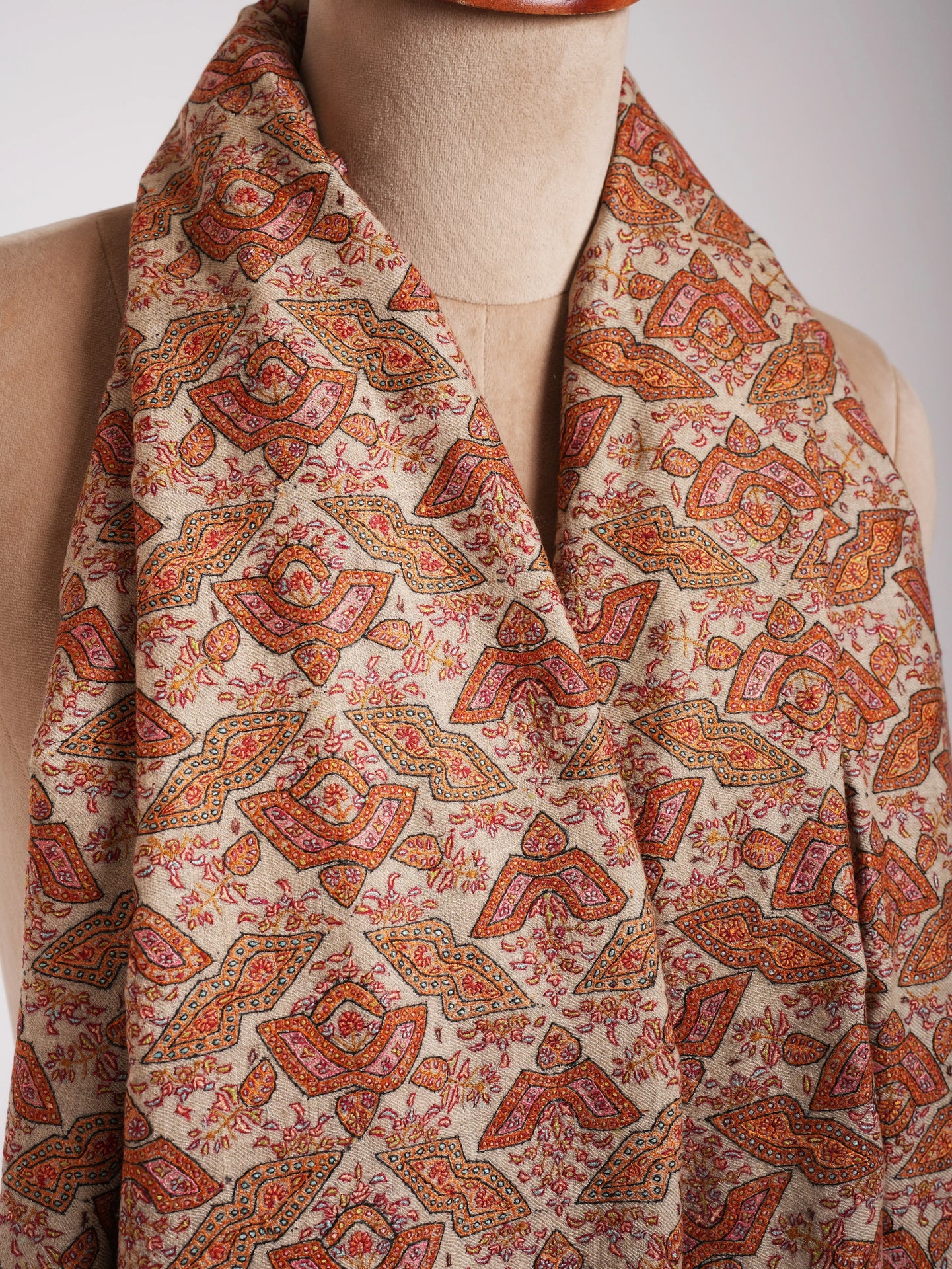 Beige Geometric Butterflies Embroidered Kashmiri Jamavar Shawl Shahkaar