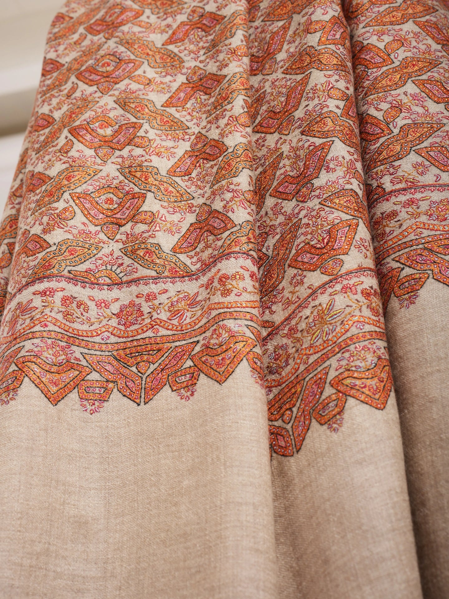 Beige Geometric Butterflies Embroidered Kashmiri Jamavar Shawl Shahkaar
