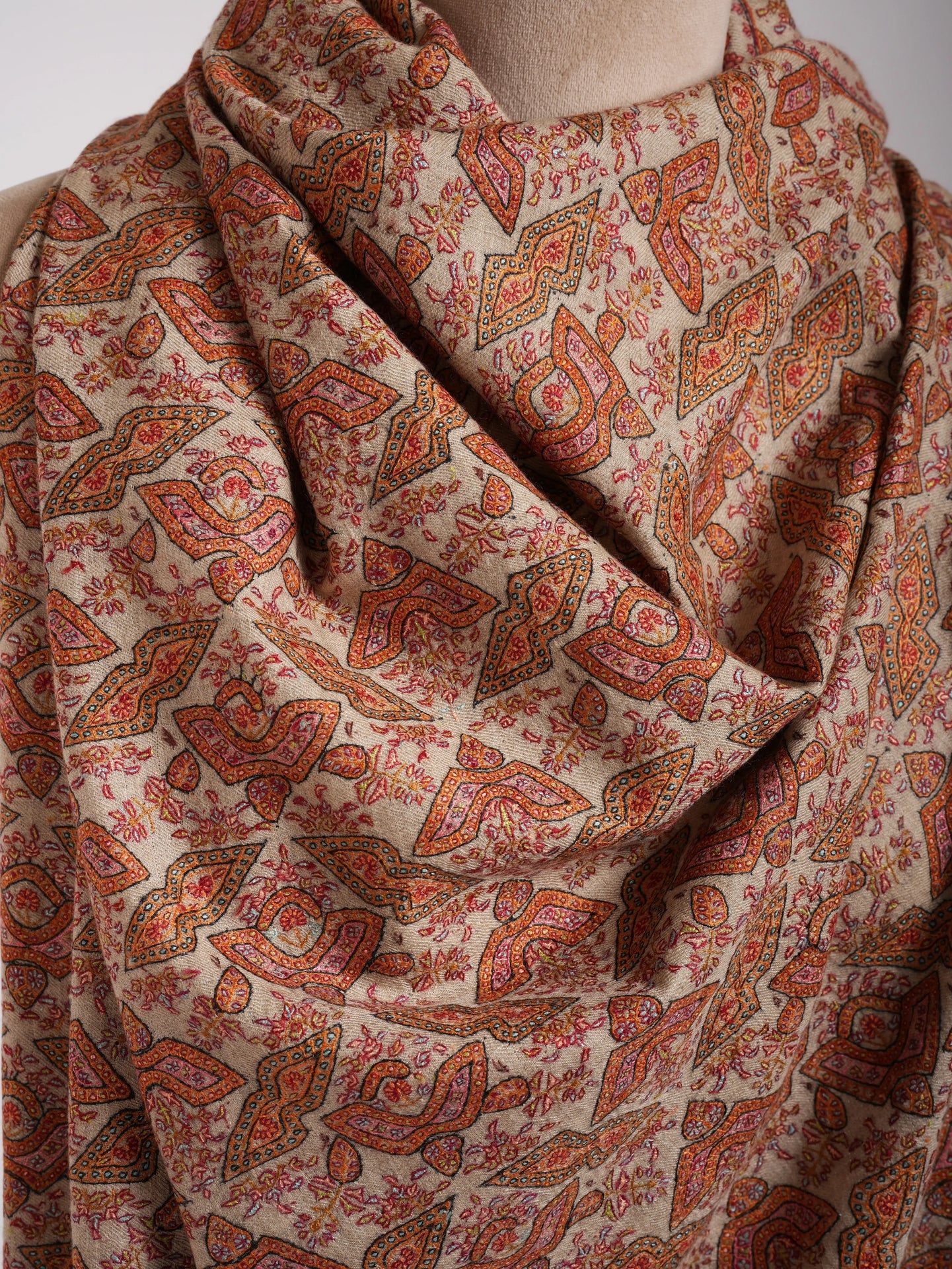 Beige Geometric Butterflies Embroidered Kashmiri Jamavar Shawl Shahkaar