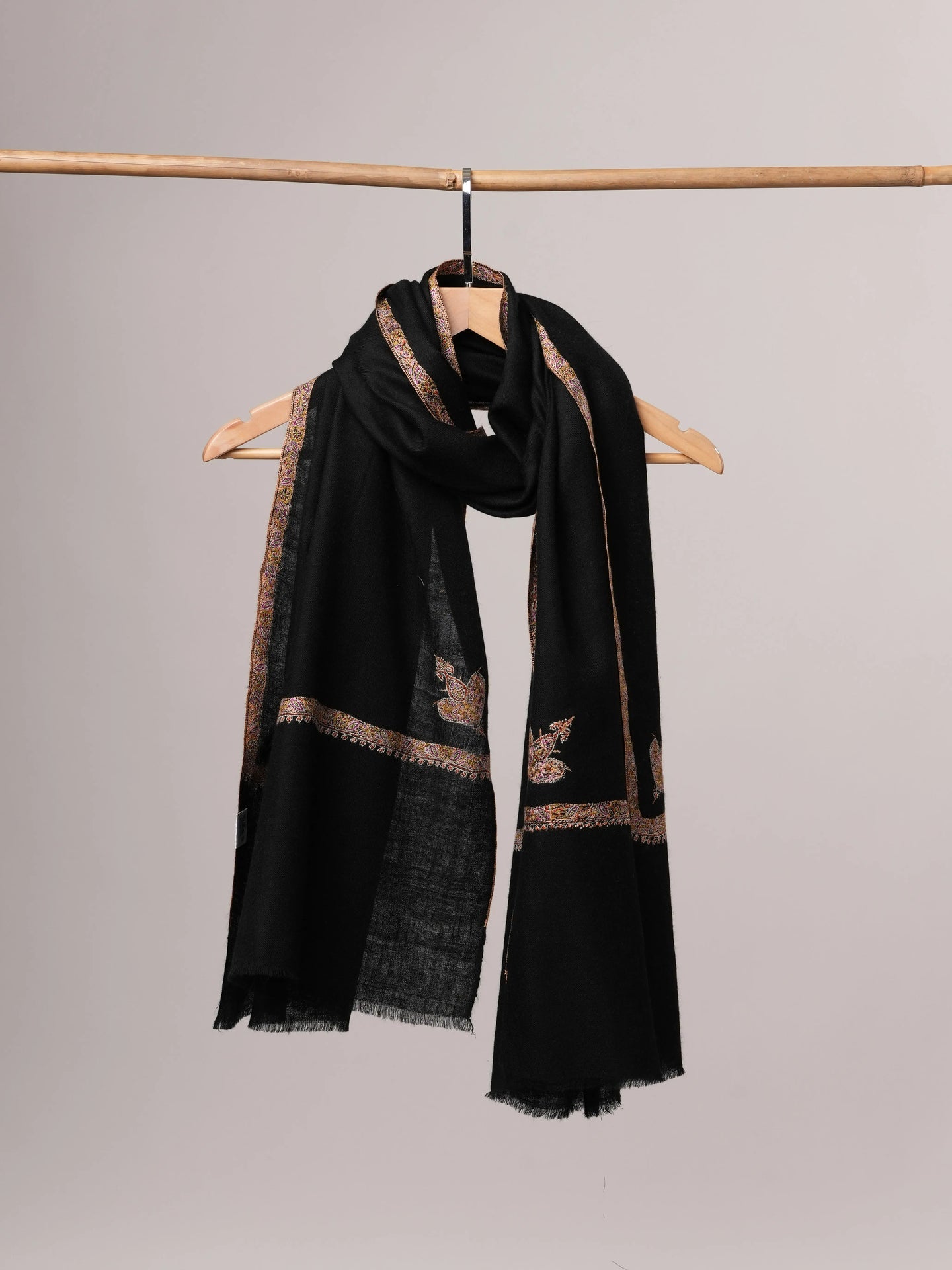 Black Cashmere Scarf with Bail Hand Embroidery Shahkaar