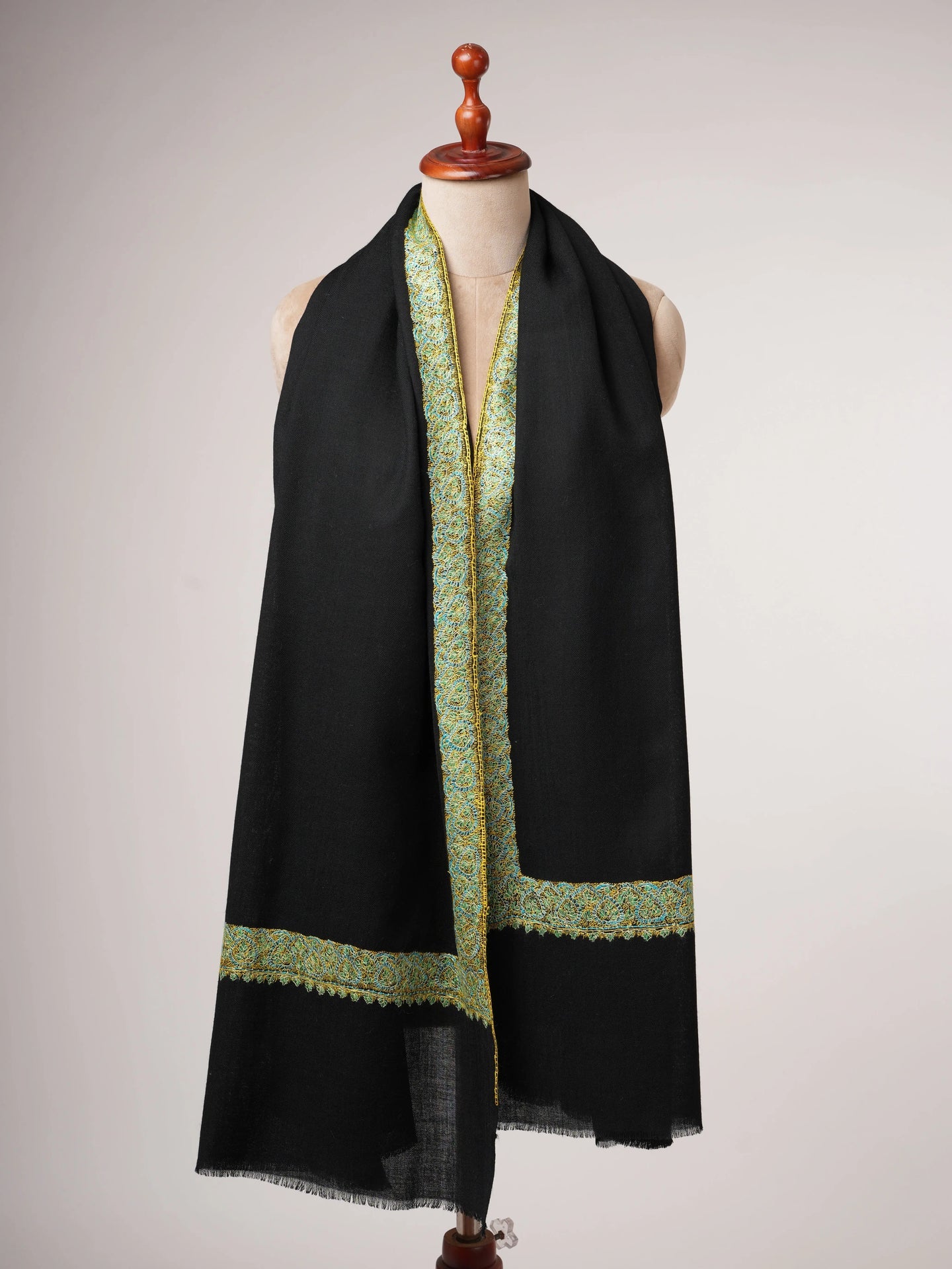Black Fine Wool Shawl with Hand Embroidered Neemdaur Motifs Shahkaar