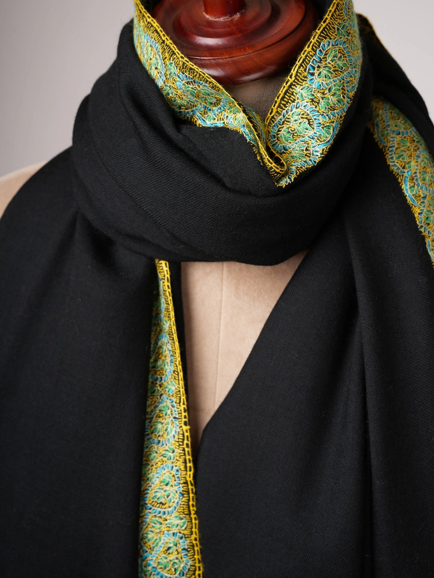 Black Fine Wool Shawl with Hand Embroidered Neemdaur Motifs Shahkaar