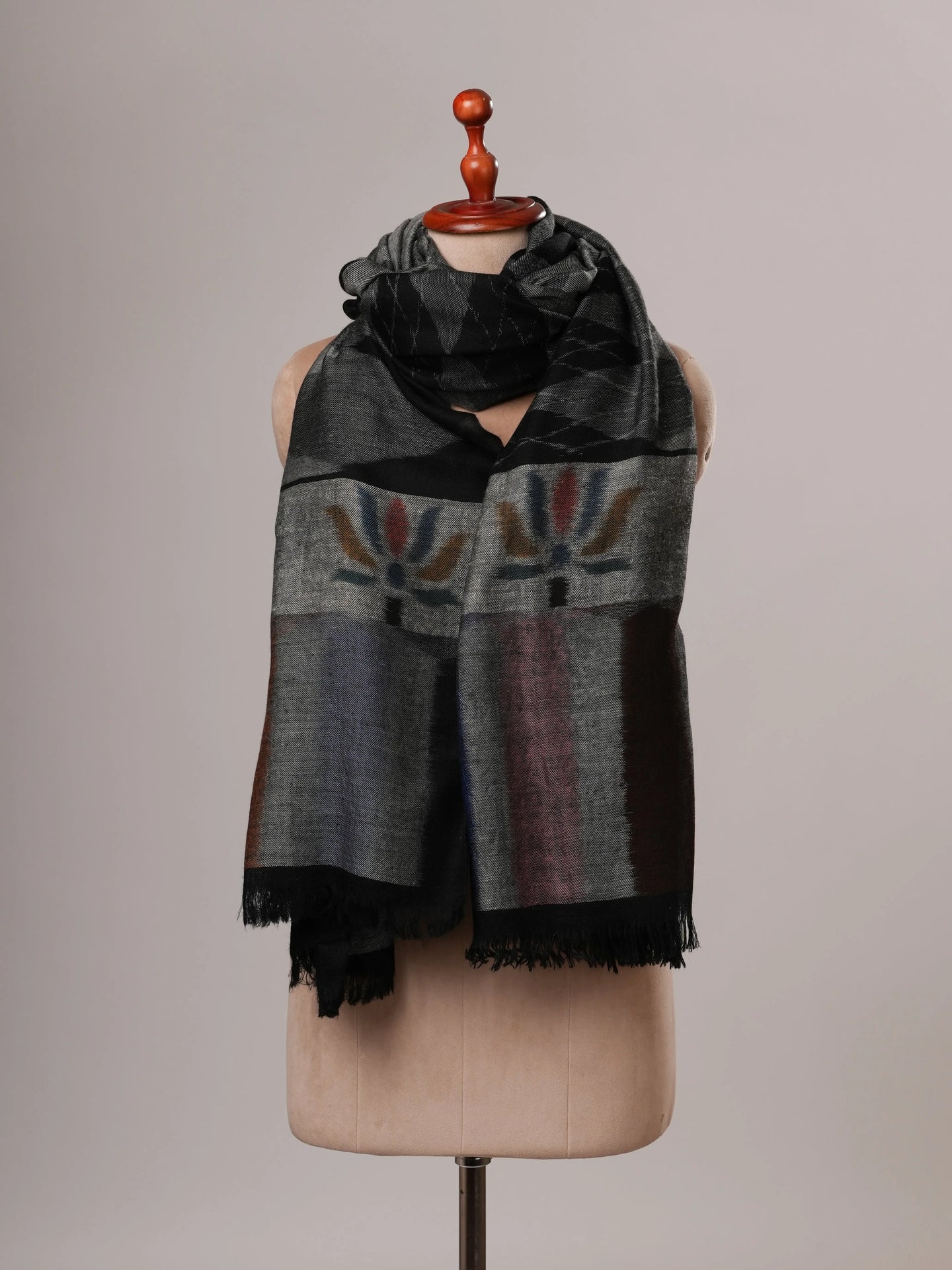 Black Oversized Ikat Pashmina Shawl with Floral Ikat Palla Shahkaar