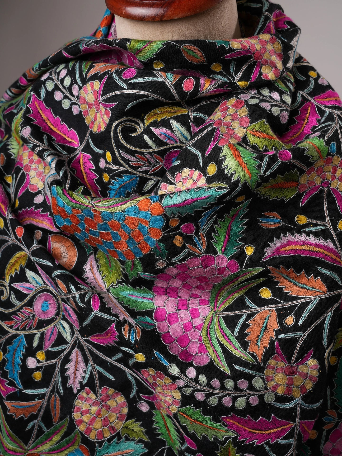 Black Pashmina Shawl with Handcrafted Floral Papermachie Motifs Shahkaar