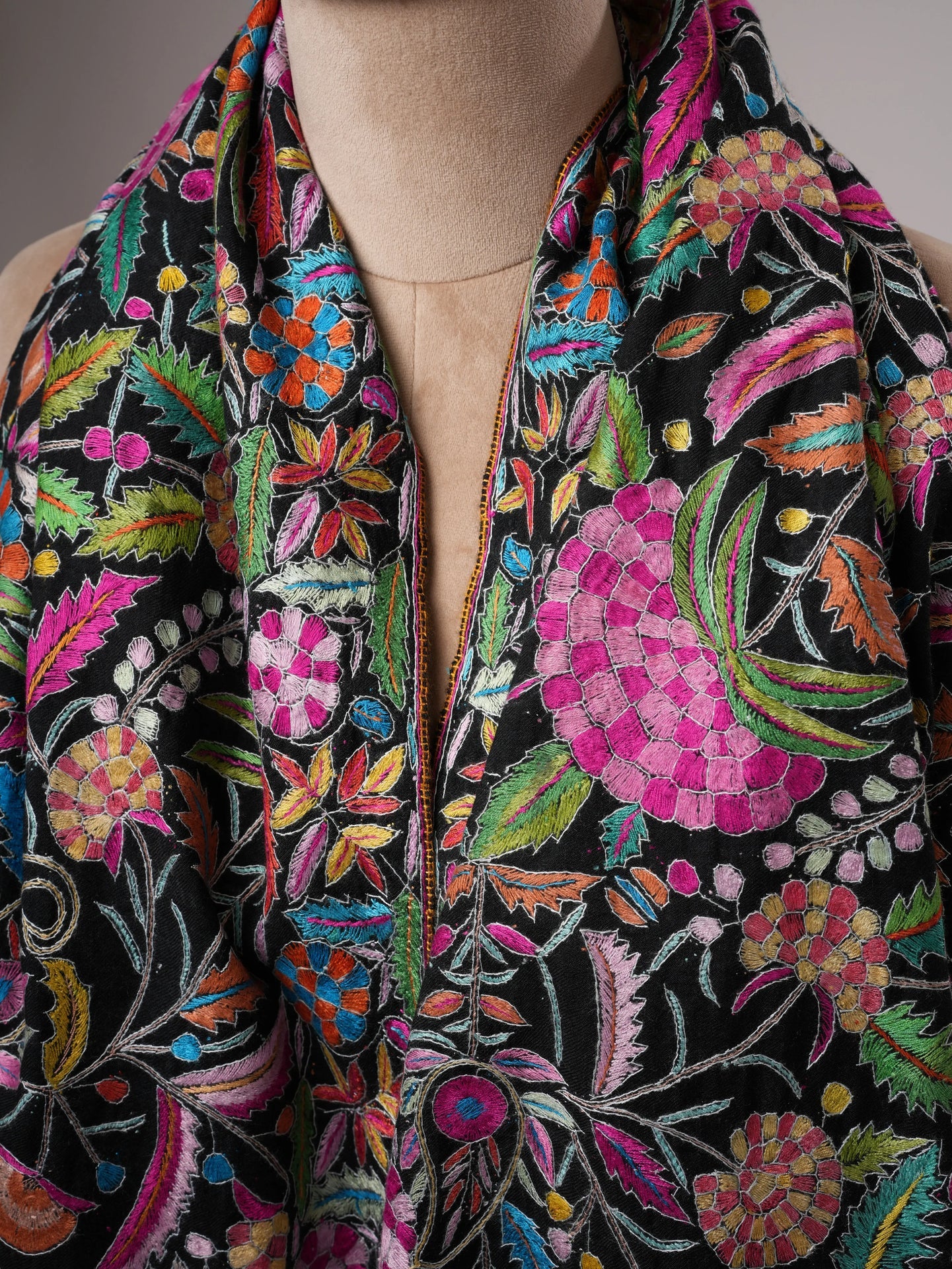 Black Pashmina Shawl with Handcrafted Floral Papermachie Motifs Shahkaar