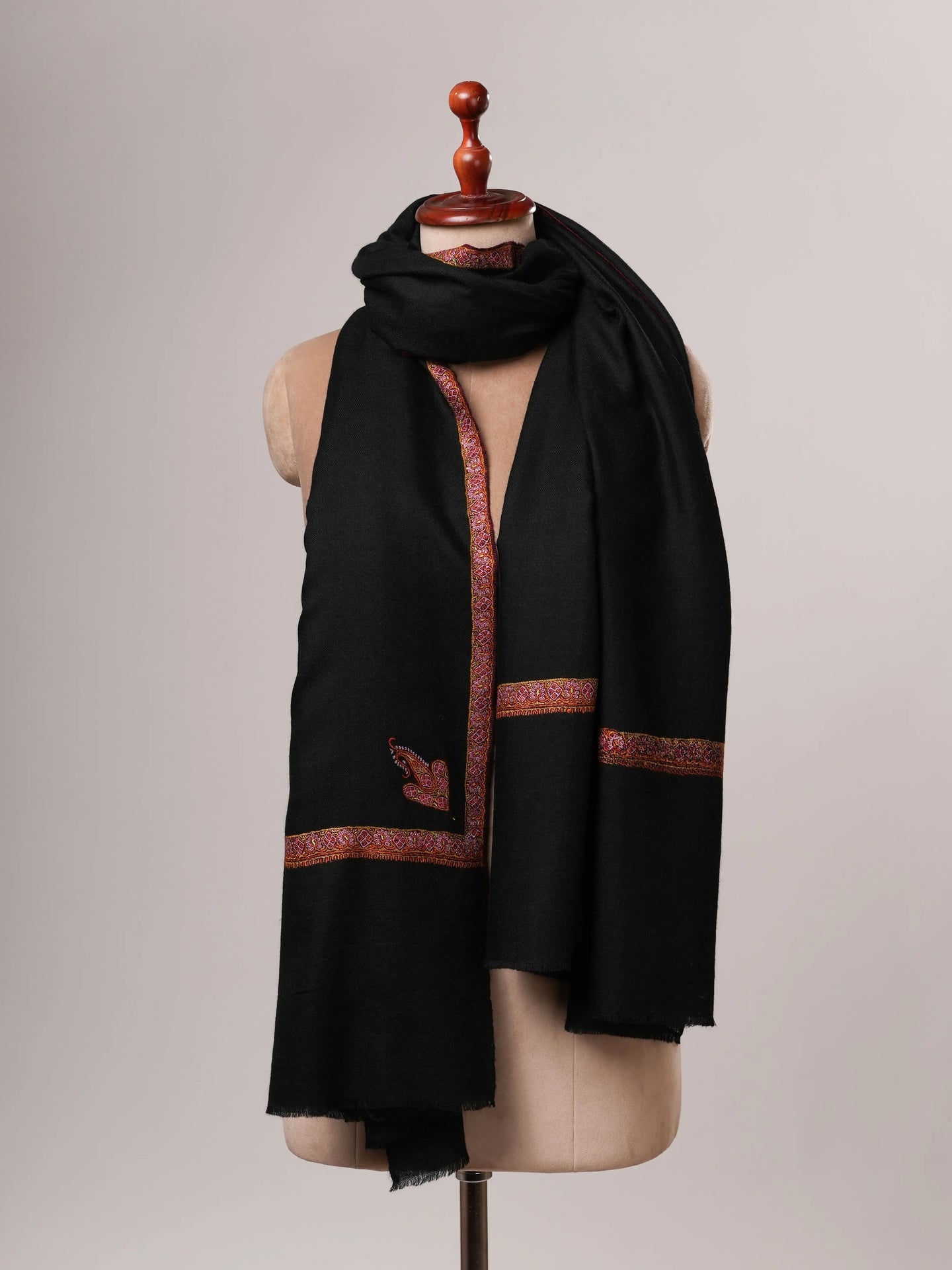 Black Pashmina Shawl with Traditional Hashia Hand Embroidery Shahkaar