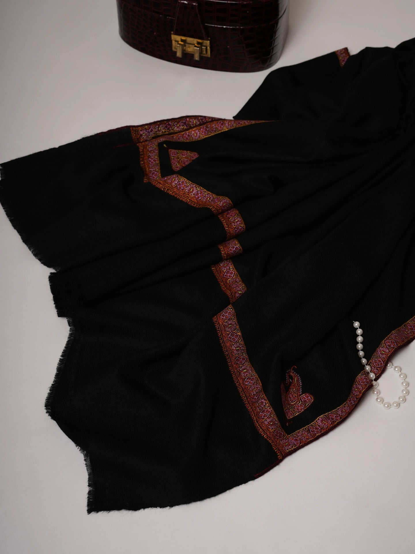 Black Pashmina Shawl with Traditional Hashia Hand Embroidery Shahkaar